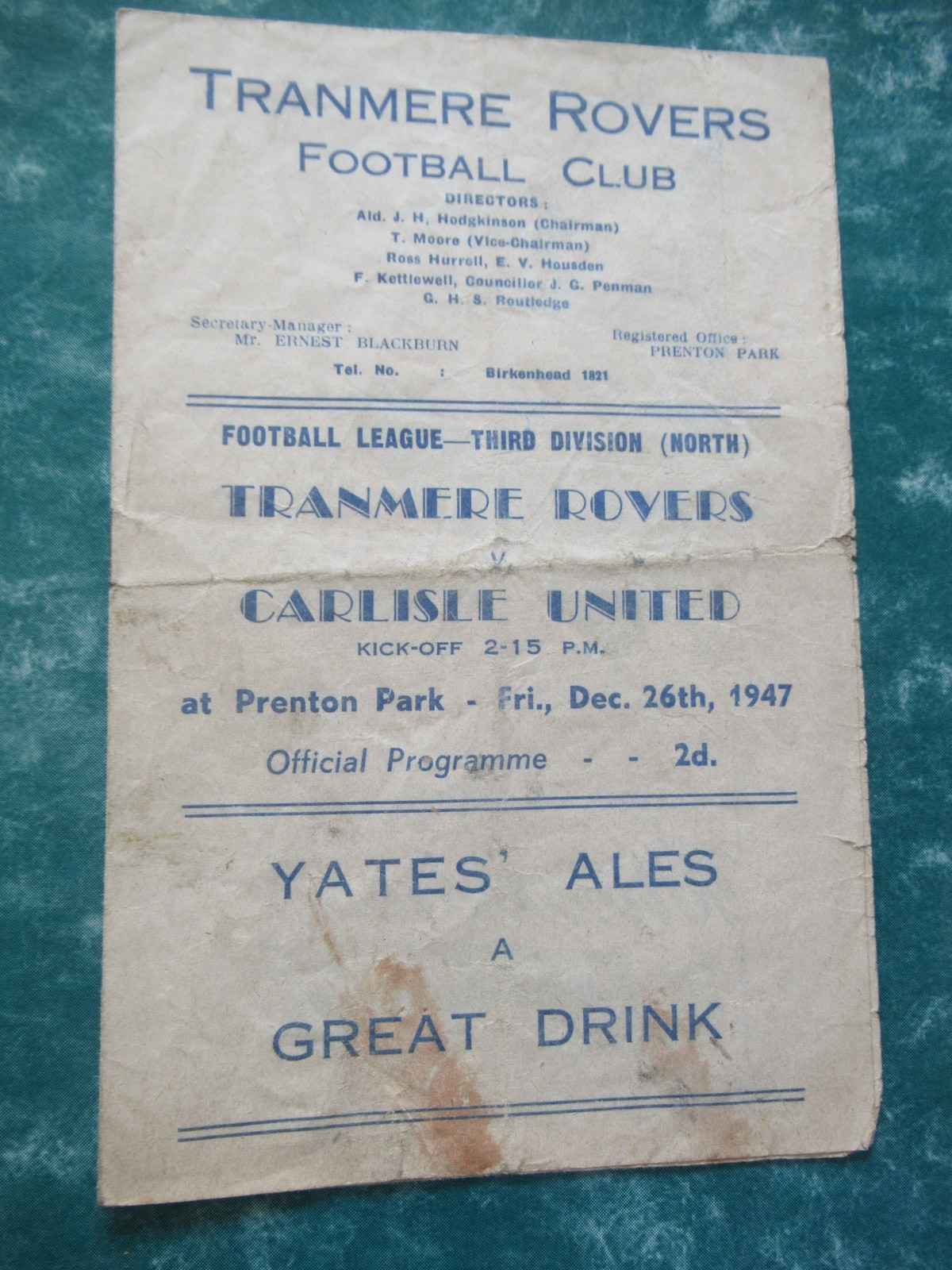 Tranmere Rovers v Carlisle United 26th Dec 1947 Division 3 North for sale on Ebay