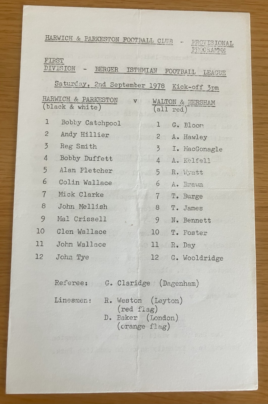 Harwich & Parkeston v Walton & Hersham 2nd September 1978 for sale on Ebay