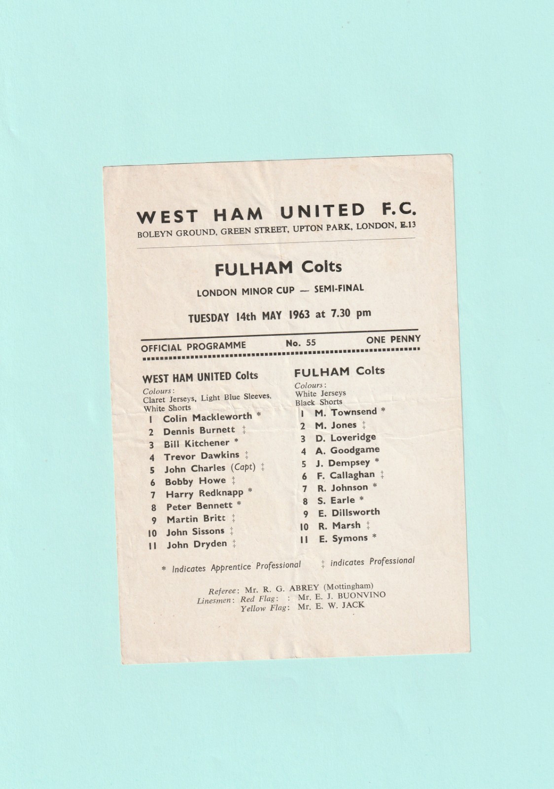 1962-1963 LONDON MINOR CUP SEMI-FINAL : WEST HAM UNITED COLTS v FULHAM COLTS for sale on Ebay