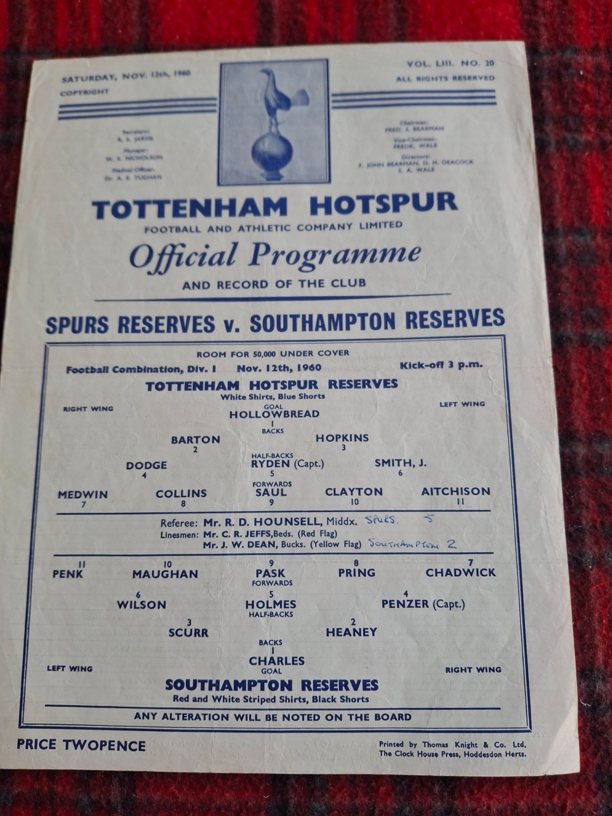TOTTENHAM RESERVES V SOUTHAMPTON RES 1960-61 DOUBLE SEASON for sale on Ebay