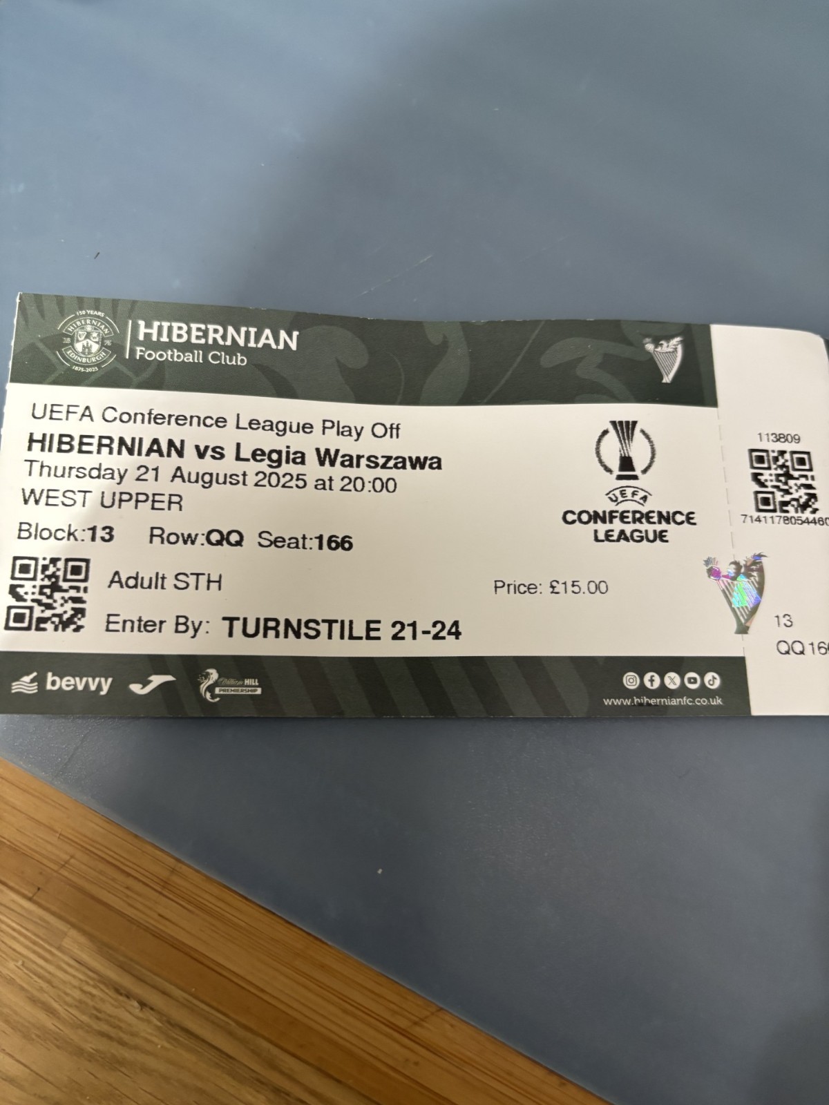 TICKET HIBERNIAN v LEGIA WARSAW Aug 2025 UEFA Conference League for sale on Ebay