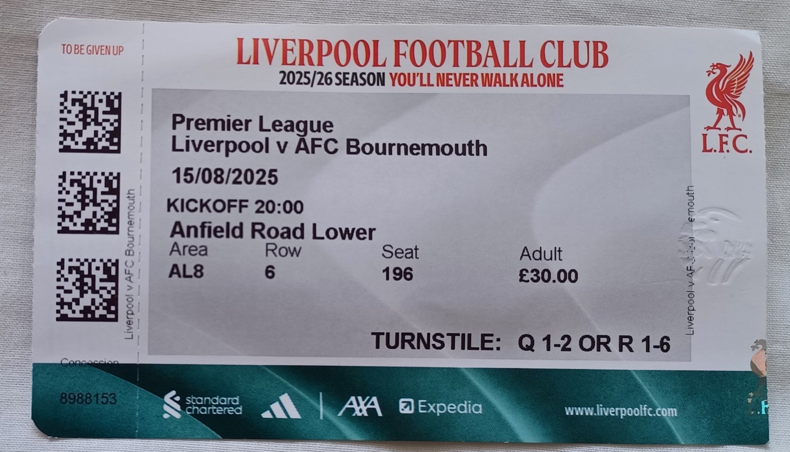 LIVERPOOL v BOURNEMOUTH TICKET STUB 15 TH AUGUST 2025 for sale on Ebay