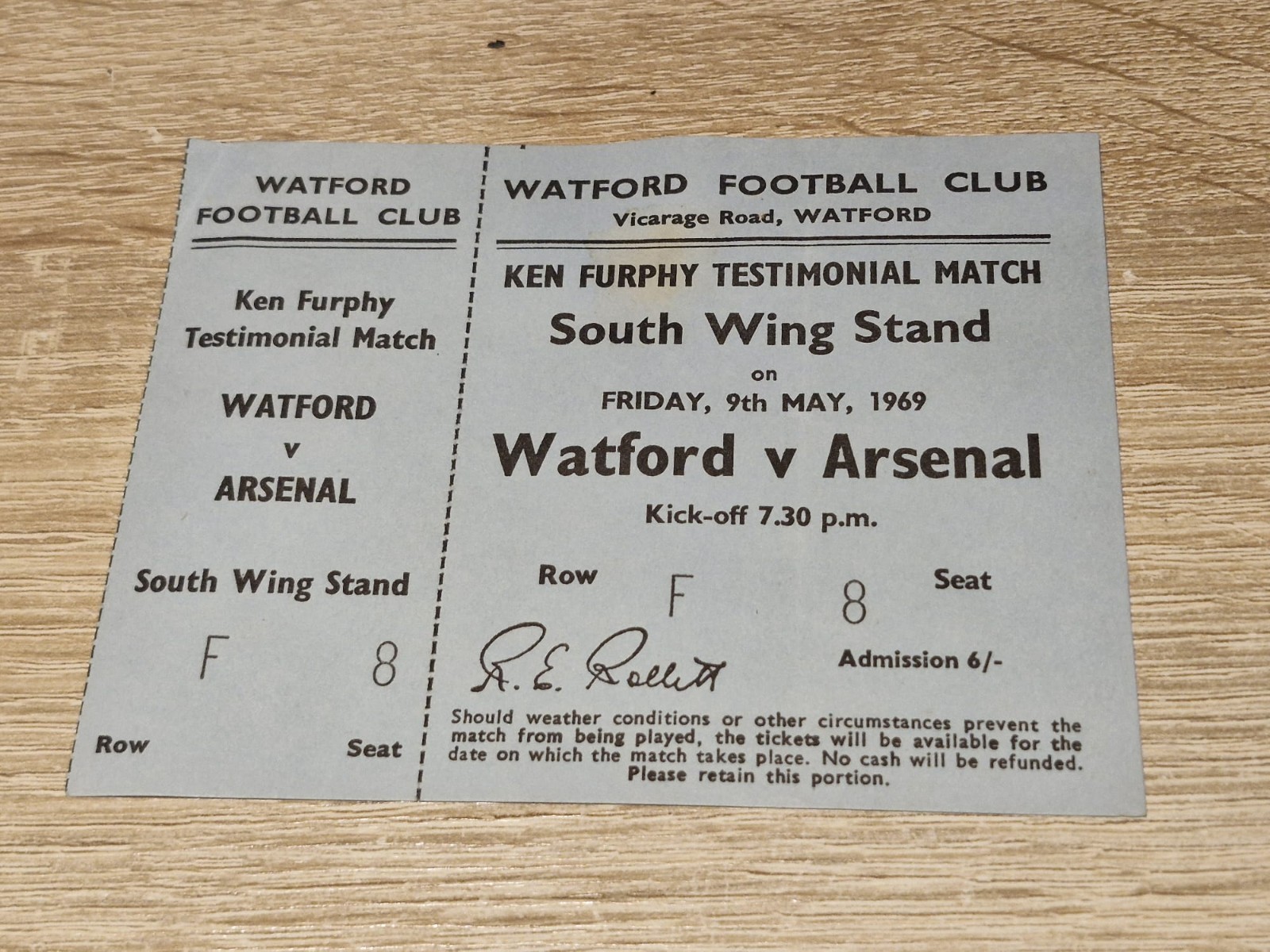 FULL TICKET STUB- KEN FURPHY TESTIMONIAL- WATFORD V ARSENAL- 9TH MAY 1969 for sale on Ebay