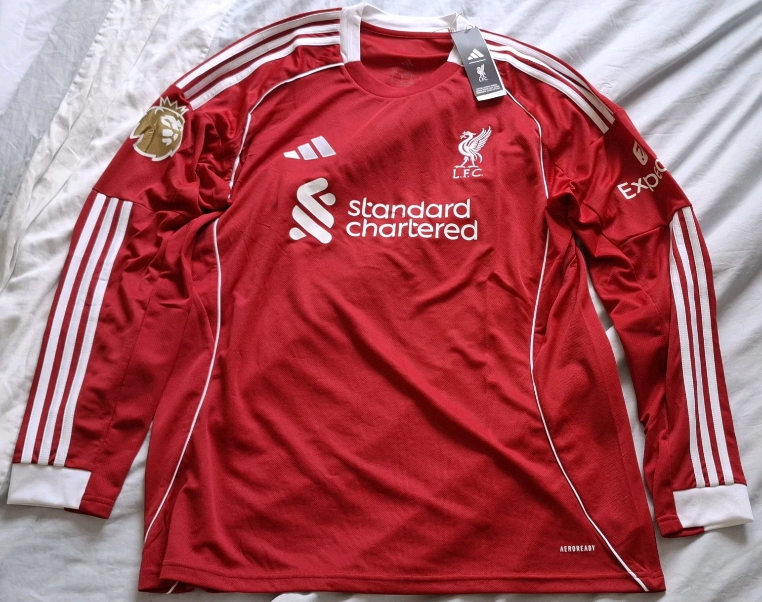 Liverpool F.C. Adidas Home 25/26 Long Sleeve Shirt Gold Premier League Patch XL for sale on Ebay