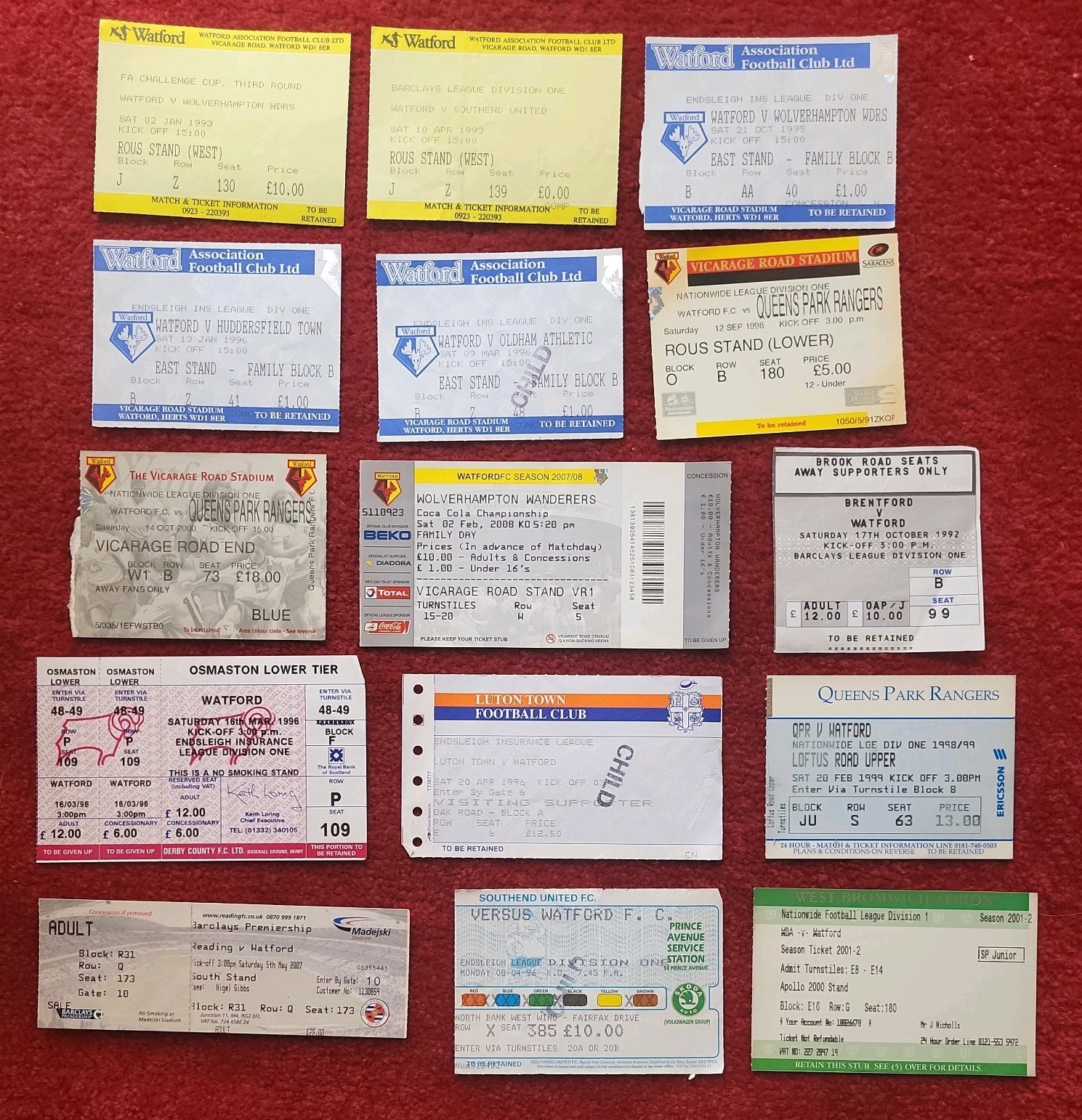 Watford Ticket Stubs Job Lot Brentford Huddersfield Oldham QPR  WBA Wolves Luton for sale on Ebay