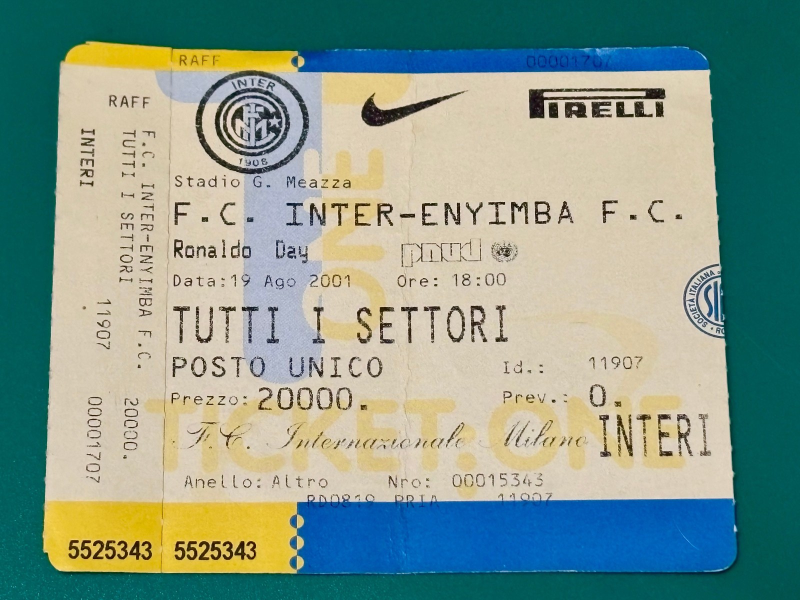 RONALDO DAY 19 AUGUST 2001 : FC INTERNAZIONALE vs ENYIMBA F.C. for sale on Ebay