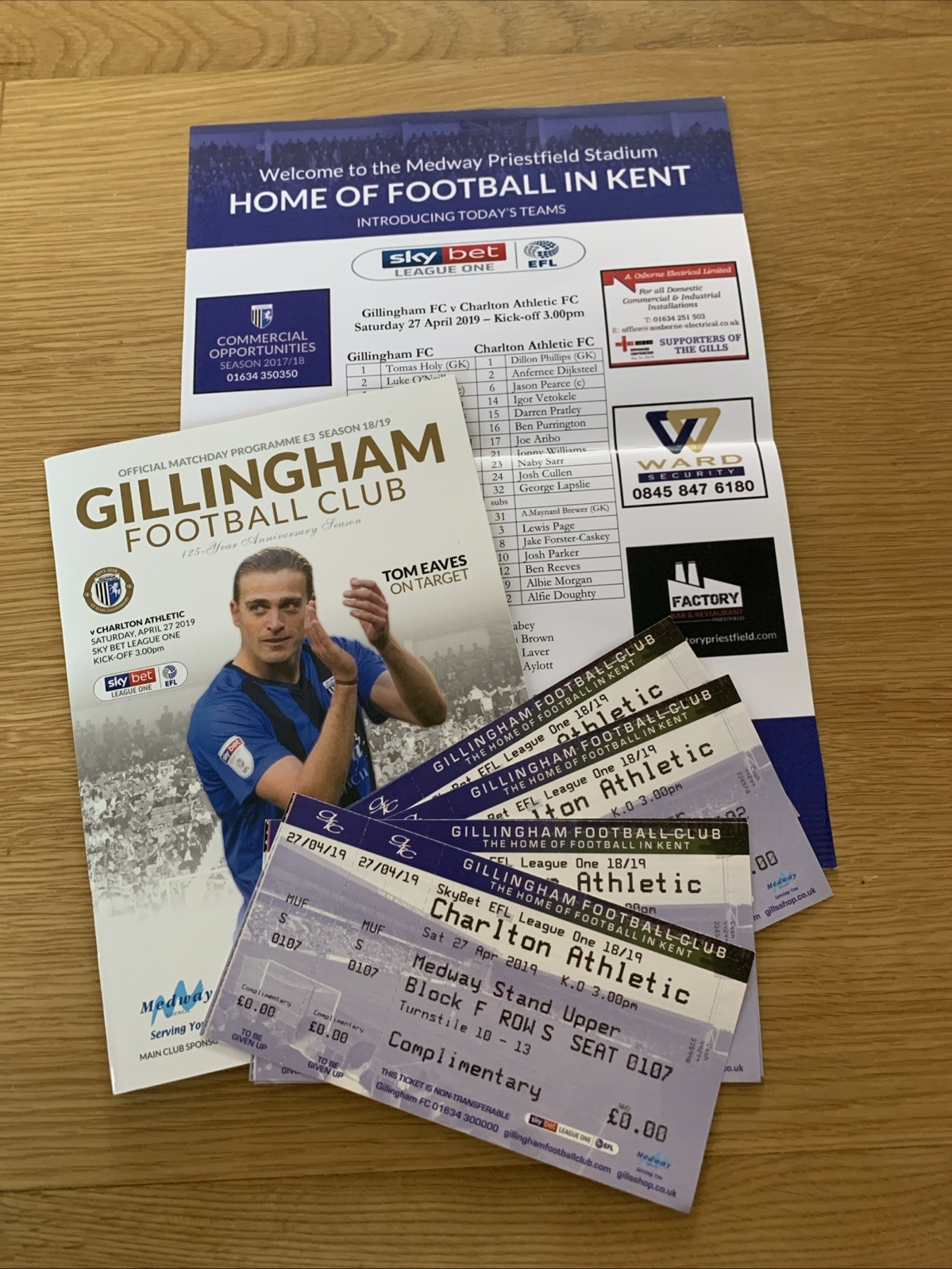 Gillingham V Charlton Athletic With Tickets & Team Sheet 2019 for sale on Ebay