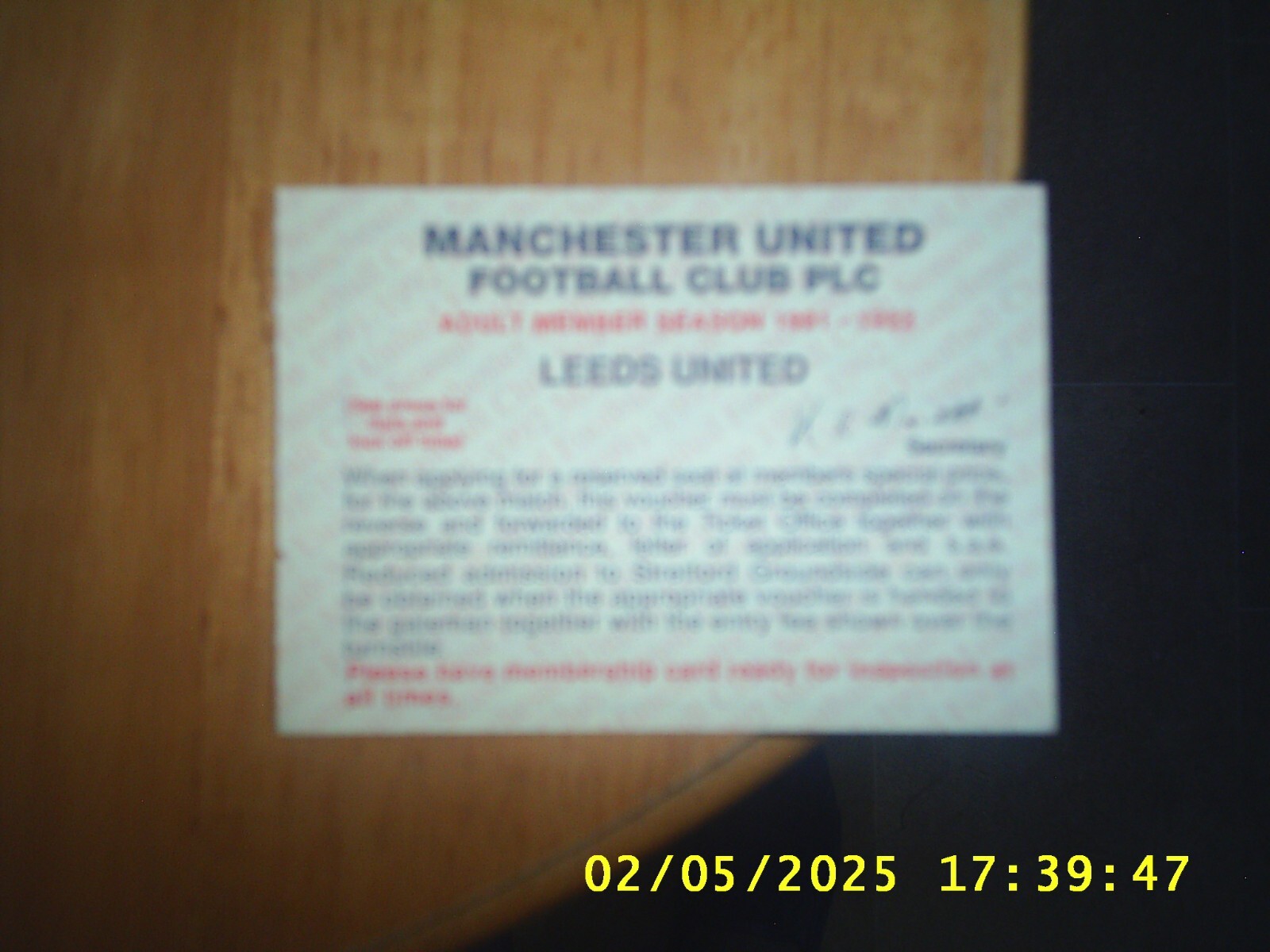 1991/92 MANCHESTER UNITED v LEEDS UNITED CHAMPIONS DIV 1 MEMBER TICKET VOUCHER for sale on Ebay