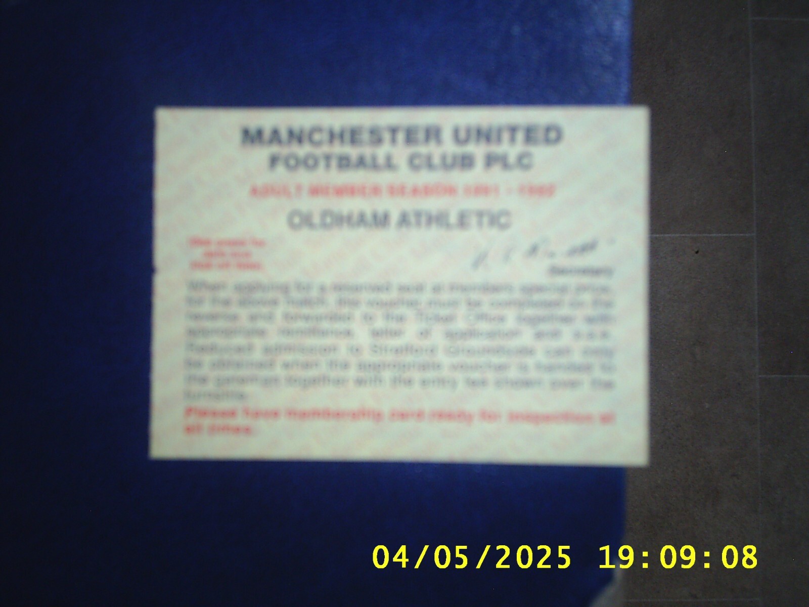 1991/92 MANCHESTER UNITED v OLDHAM ATHLETIC LAST DIV 1 MEMBER TICKET VOUCHER for sale on Ebay