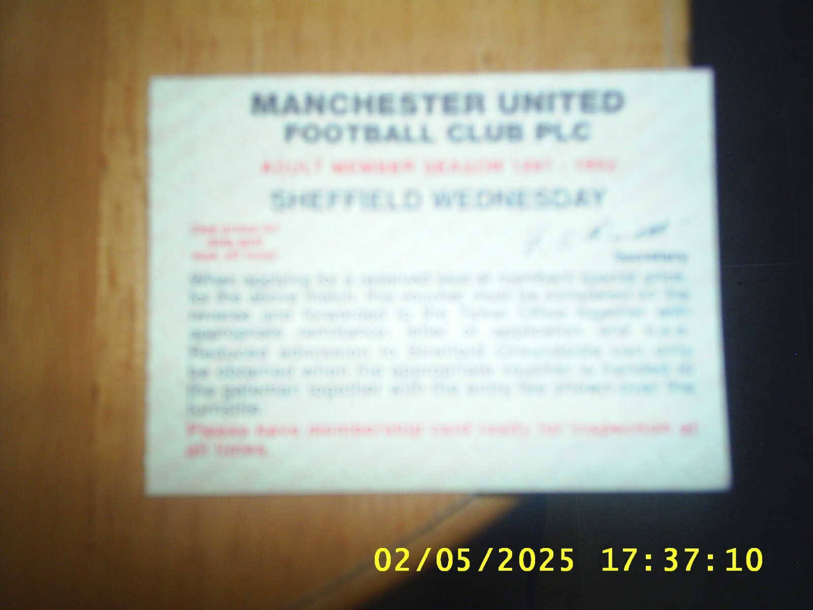 1991/92 MANCHESTER UNITED v SHEFFIELD WEDNESDAY LAST DIV 1 MEMBER TICKET VOUCHER for sale on Ebay