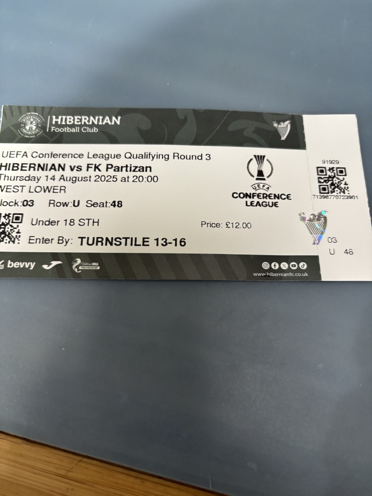 TICKET HIBERNIAN v FK PARIZAN Aug 2025 UEFA Conference League for sale on Ebay