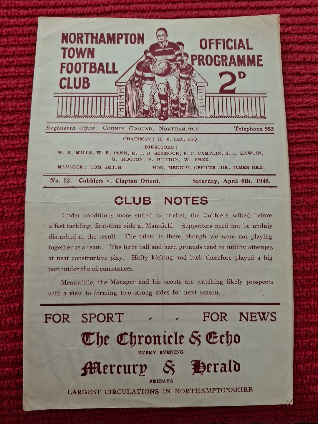 Northampton Town v Clapton Orient programme.  6/4/1946 for sale on Ebay