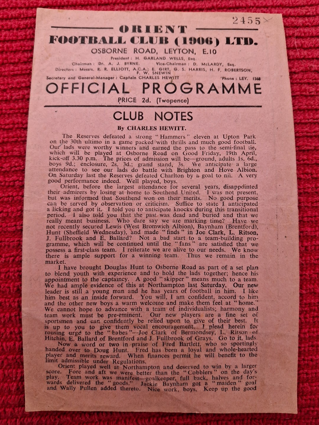 Clapton Orient v Northampton Town programme.  13/4/1946 for sale on Ebay