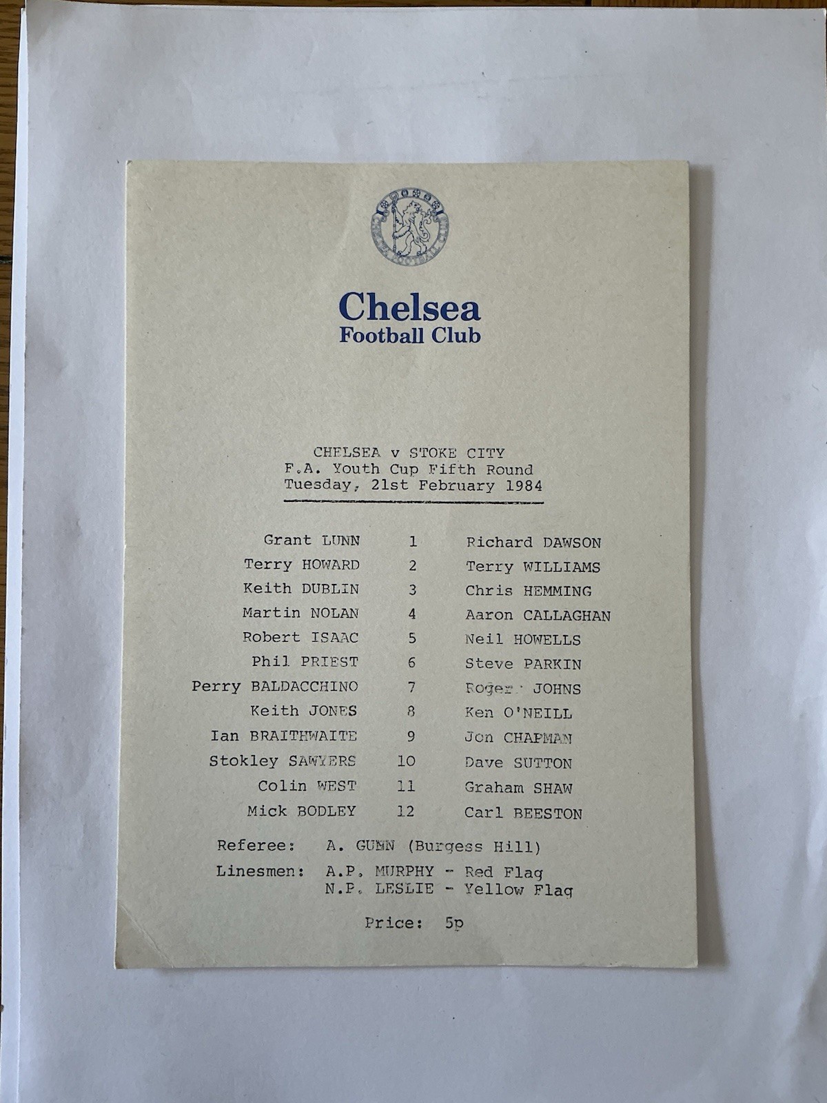 CHELSEA v STOKE CITY  FAYC  1983/4. for sale on Ebay
