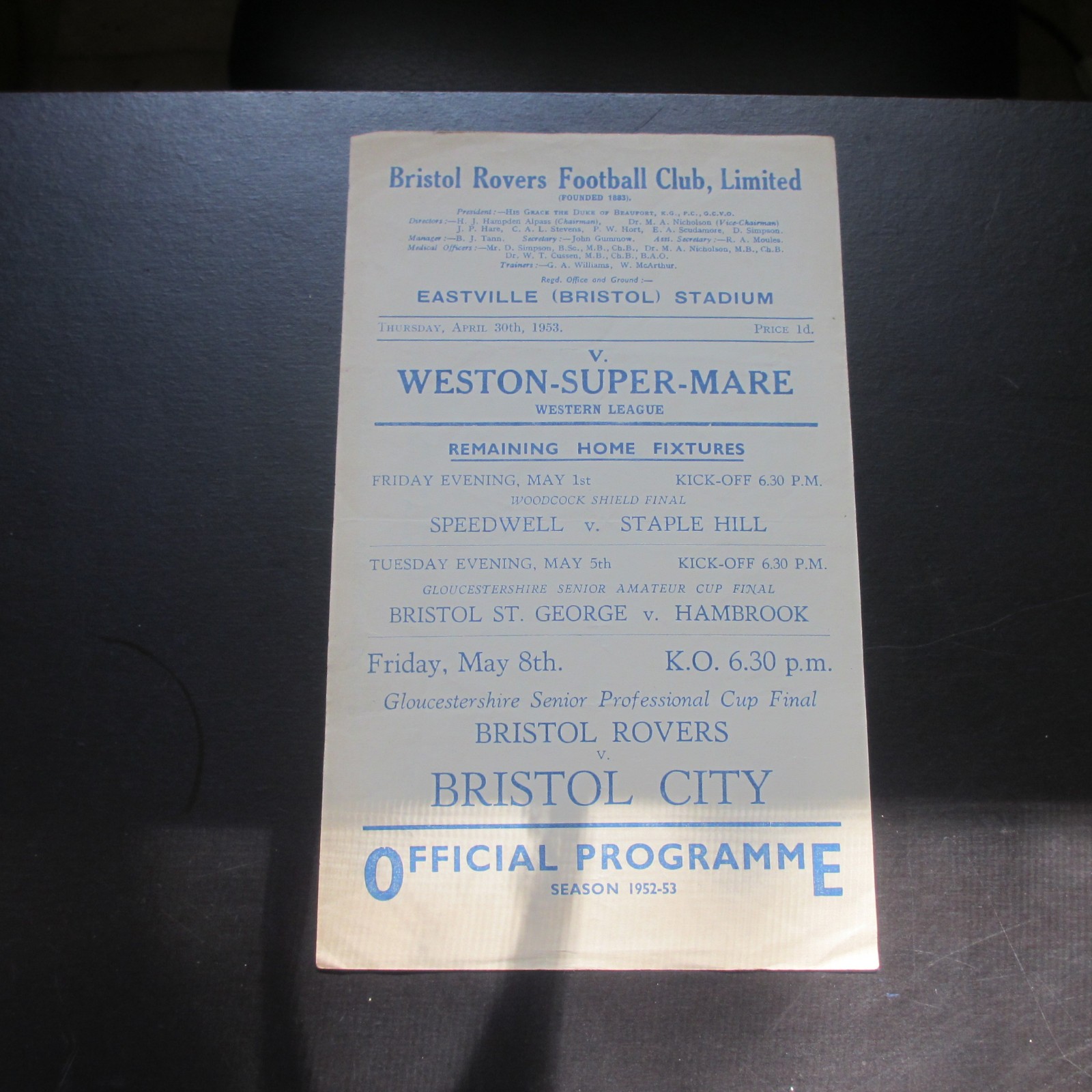 Bristol Rovers Colts v Weston-super-Mare Western Lge 1952/3 Single Sheet for sale on Ebay