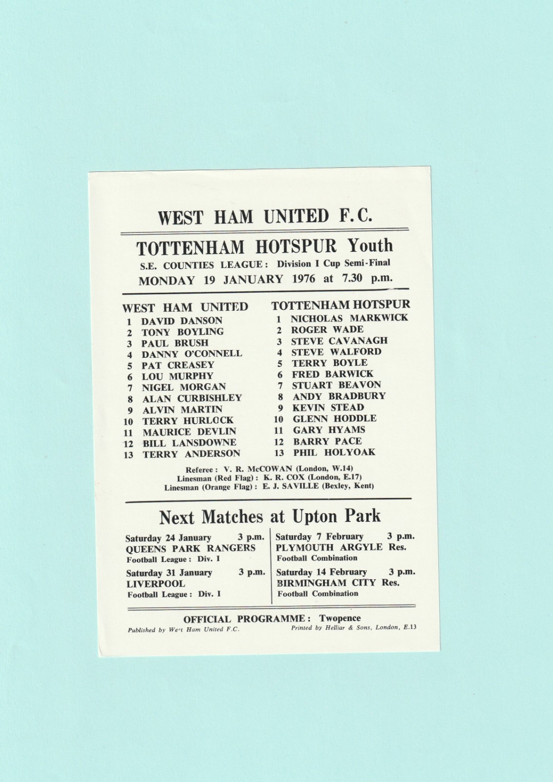 1975-1976 SE COUNTIES DIV 1 CUP S/F : WEST HAM UNITED v TOTTENHAM / SPURS YOUTH for sale on Ebay