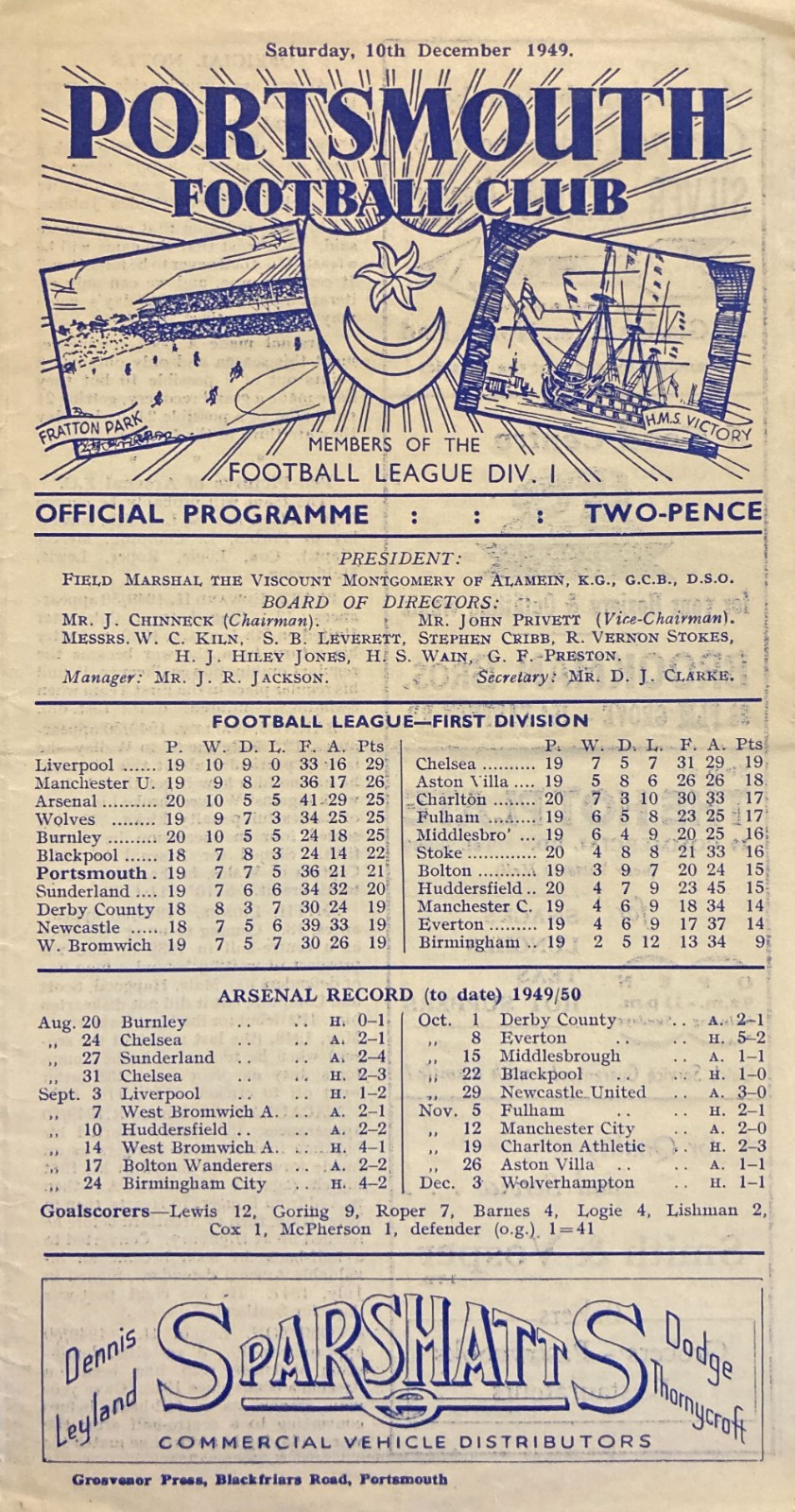 Portsmouth (Champions) v Liverpool Div 1 1949/50 for sale on Ebay