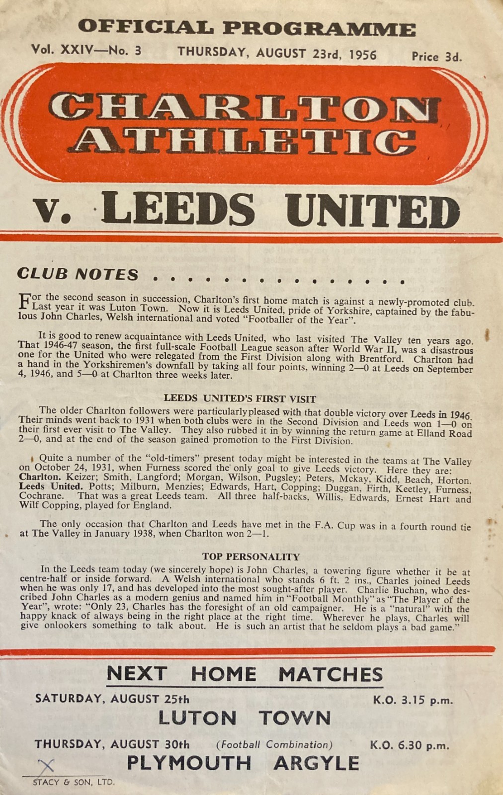 Charlton Athletic v Leeds United Div 1 1956/57 for sale on Ebay