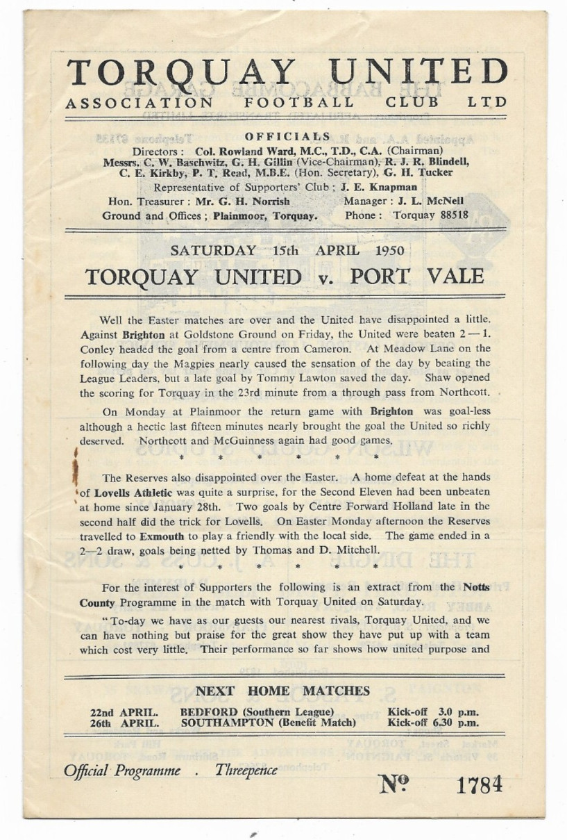 1949/50 Division 3 South - TORQUAY UNITED v. PORT VALE for sale on Ebay
