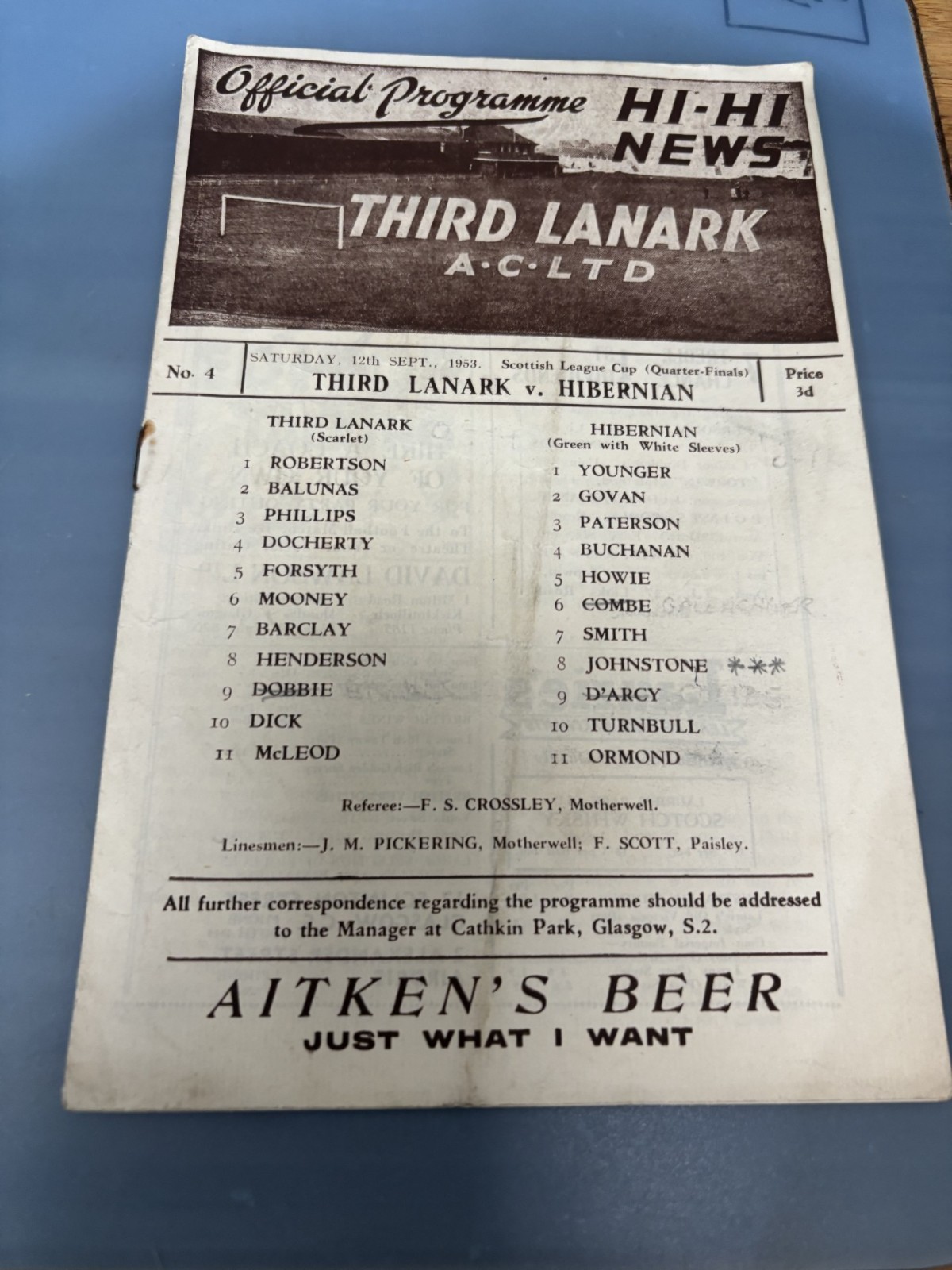 THIRD LANARK v HIBERNIAN Sept 1953 LEAGUE CUP for sale on Ebay