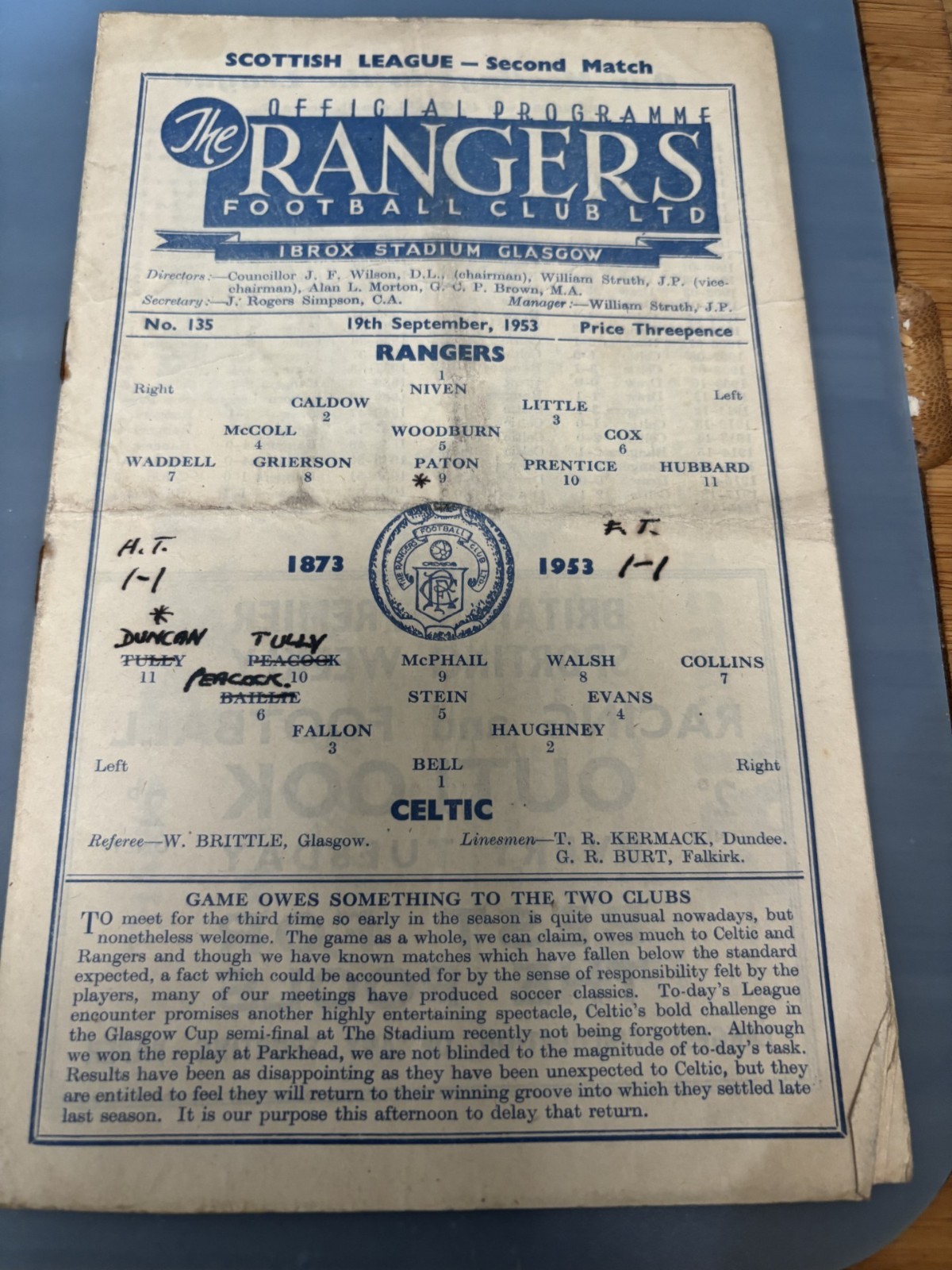 RANGERS v CELTIC Sept 1953 for sale on Ebay
