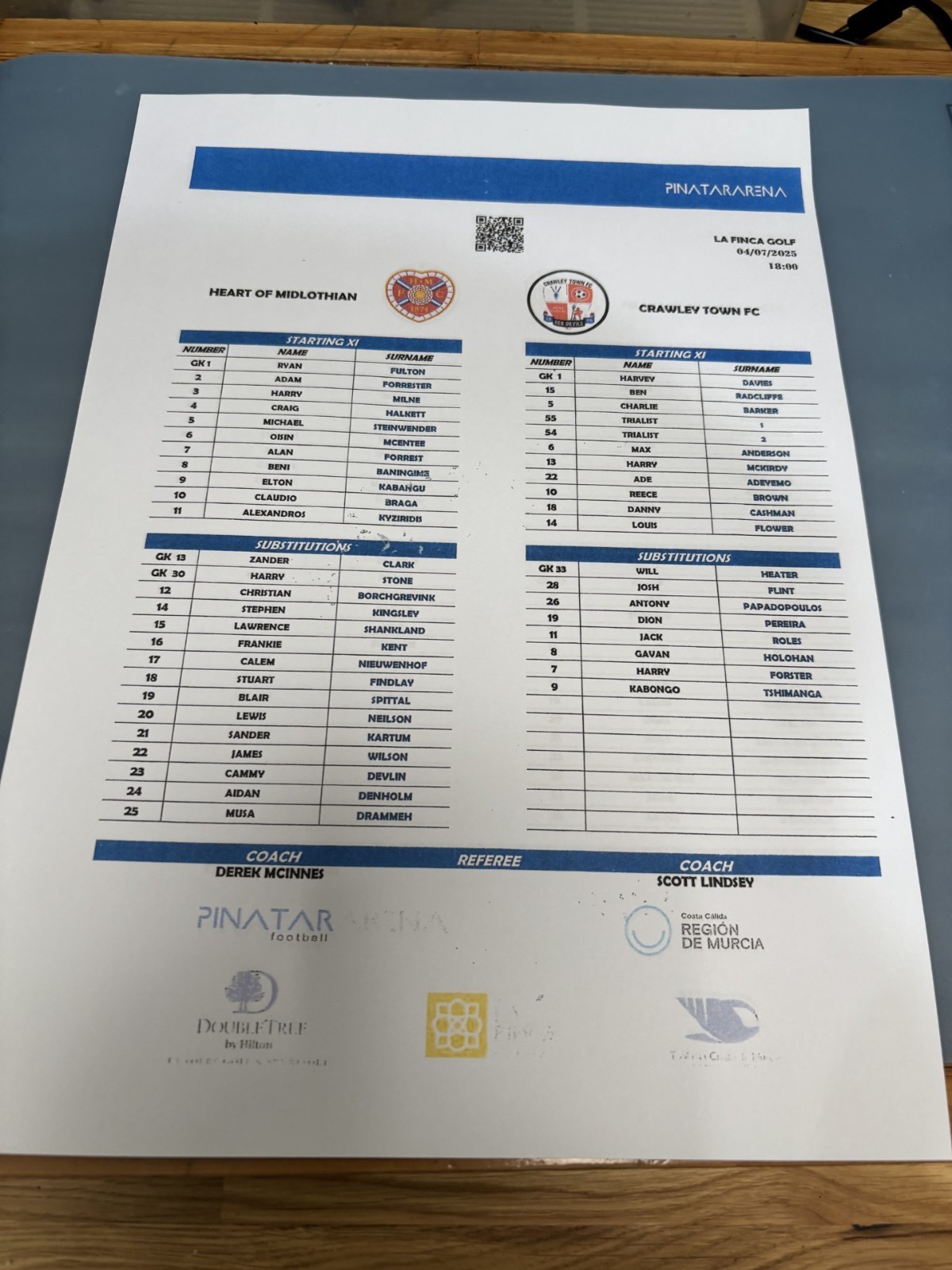 HEARTS v CRAWLEY TOWN 4th July 2025 friendly colour team sheet for sale on Ebay