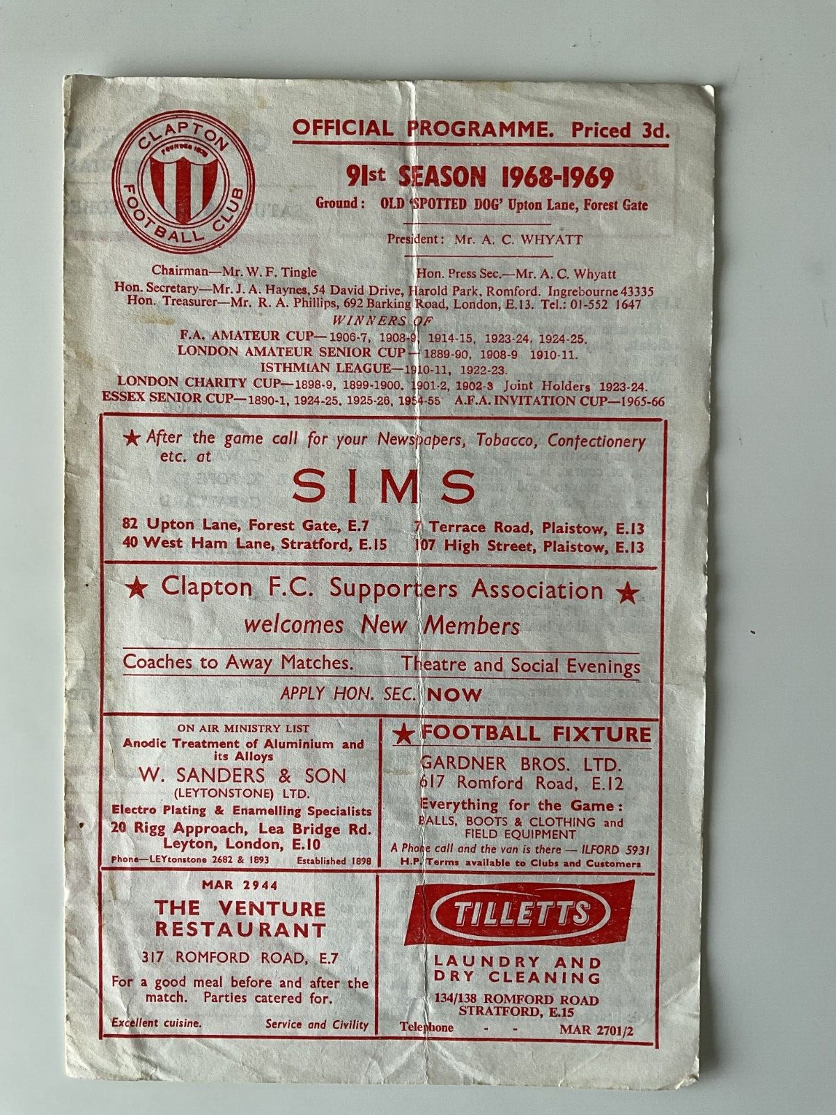 CLAPTON V LETTONSTONE. 5TH OCTOBER 1968. ISTHMIAN LEAGUE. for sale on Ebay