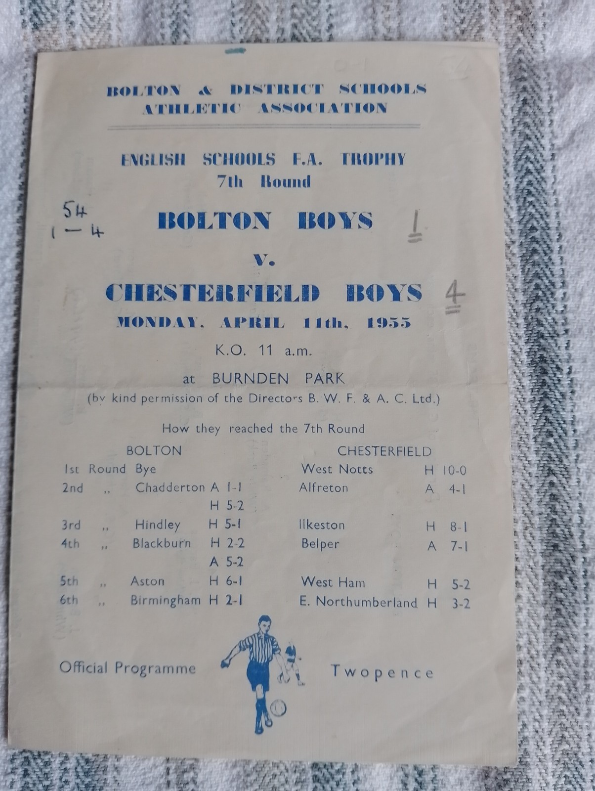 England Schools FA Trophy 7th Round 1954/55 Bolton Boys V Chesterfield Boys . for sale on Ebay