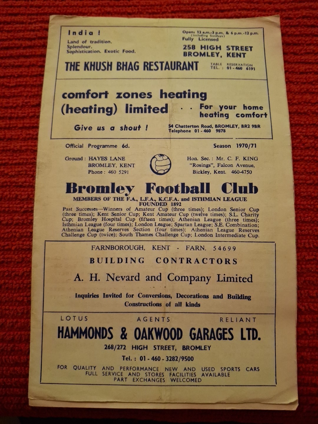 Bromley v Crystal Palace friendly programme.  8/8/1970 for sale on Ebay