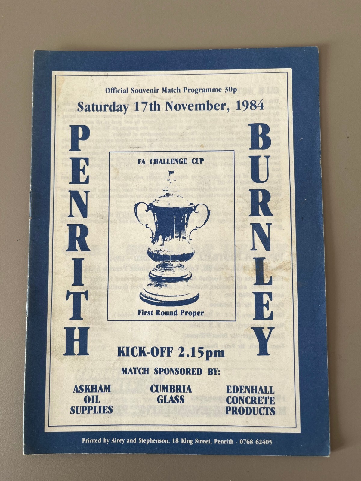 1984-85 Penrith vs Burnley - FA Cup for sale on Ebay