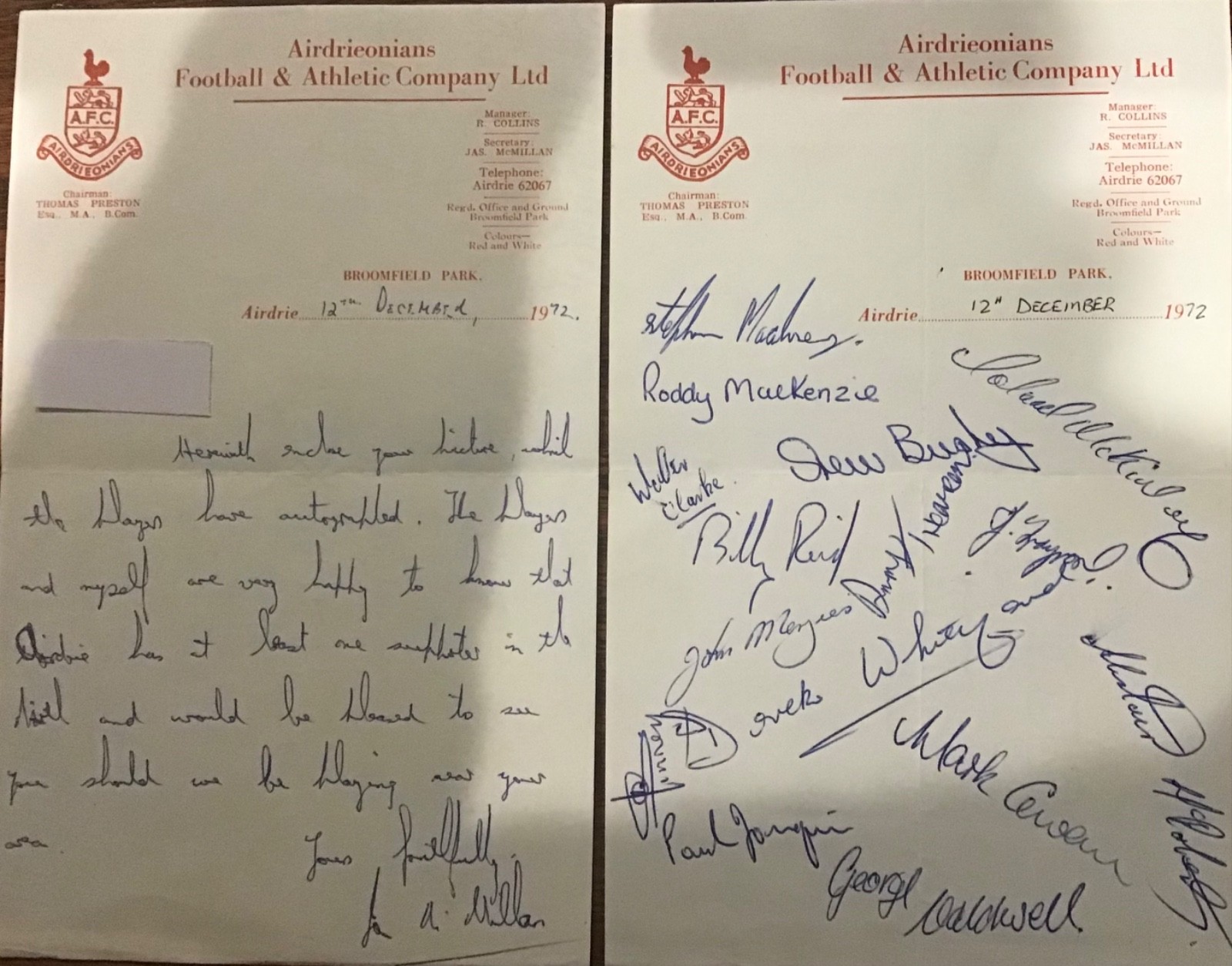 1972 Complete Set Airdrieonians  Player Autographs With Letter From IanMcMillan for sale on Ebay