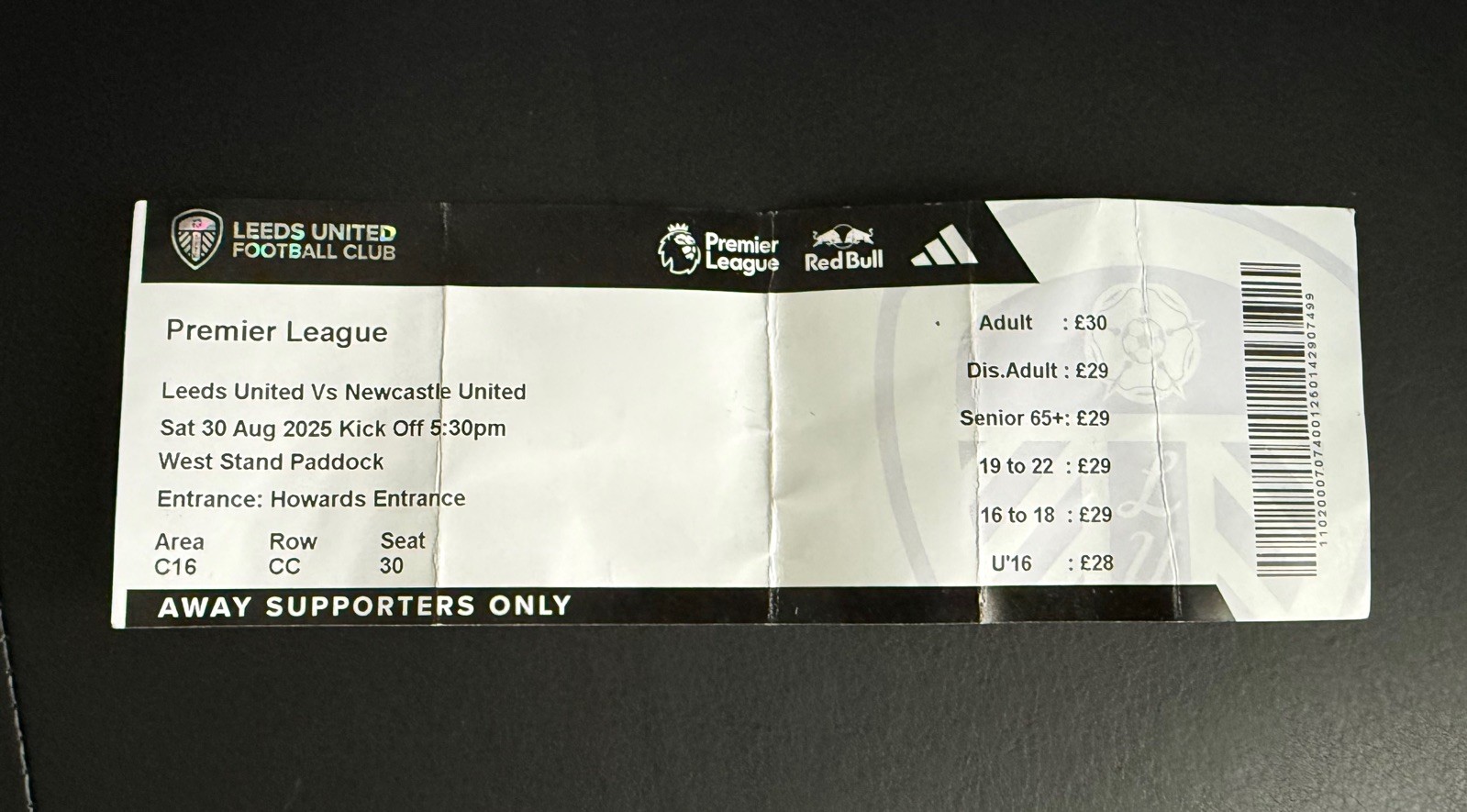Leeds United v Newcastle United 2025-1016 Premier League Match Ticket 30/08/25 for sale on Ebay