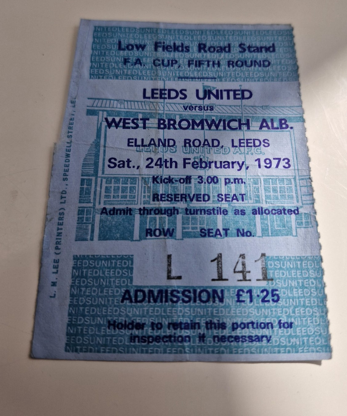 TICKET STUB- LEEDS UNITED V  WEST BROMWICH ALBION- FA CUP 5TH RD- FEBRUARY 1973 for sale on Ebay