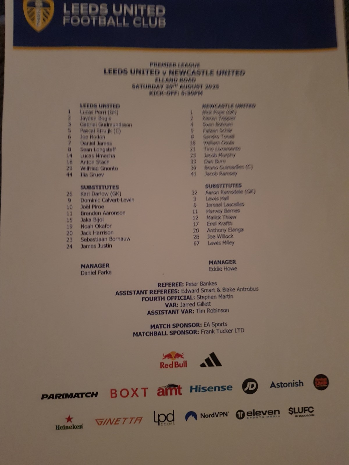 Leeds United v Newcastle United official Teamsheet for sale on Ebay