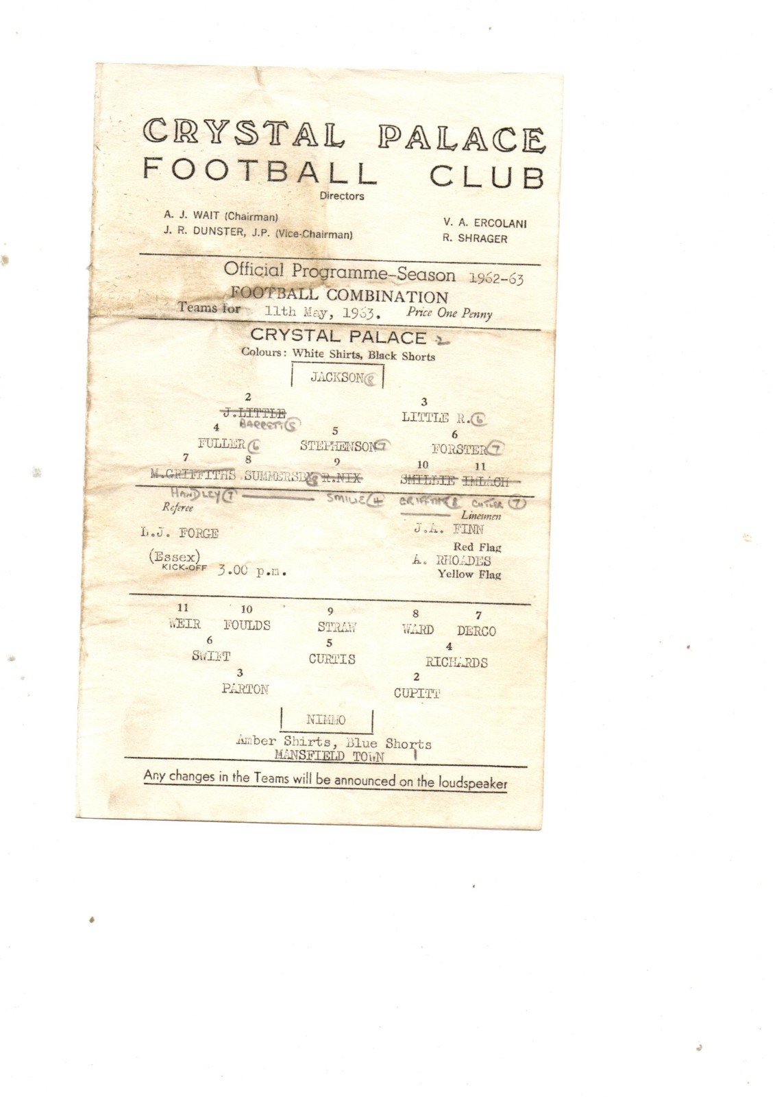 Crystal Palace Res v Mansfield Town Res 1962 - 1963 for sale on Ebay