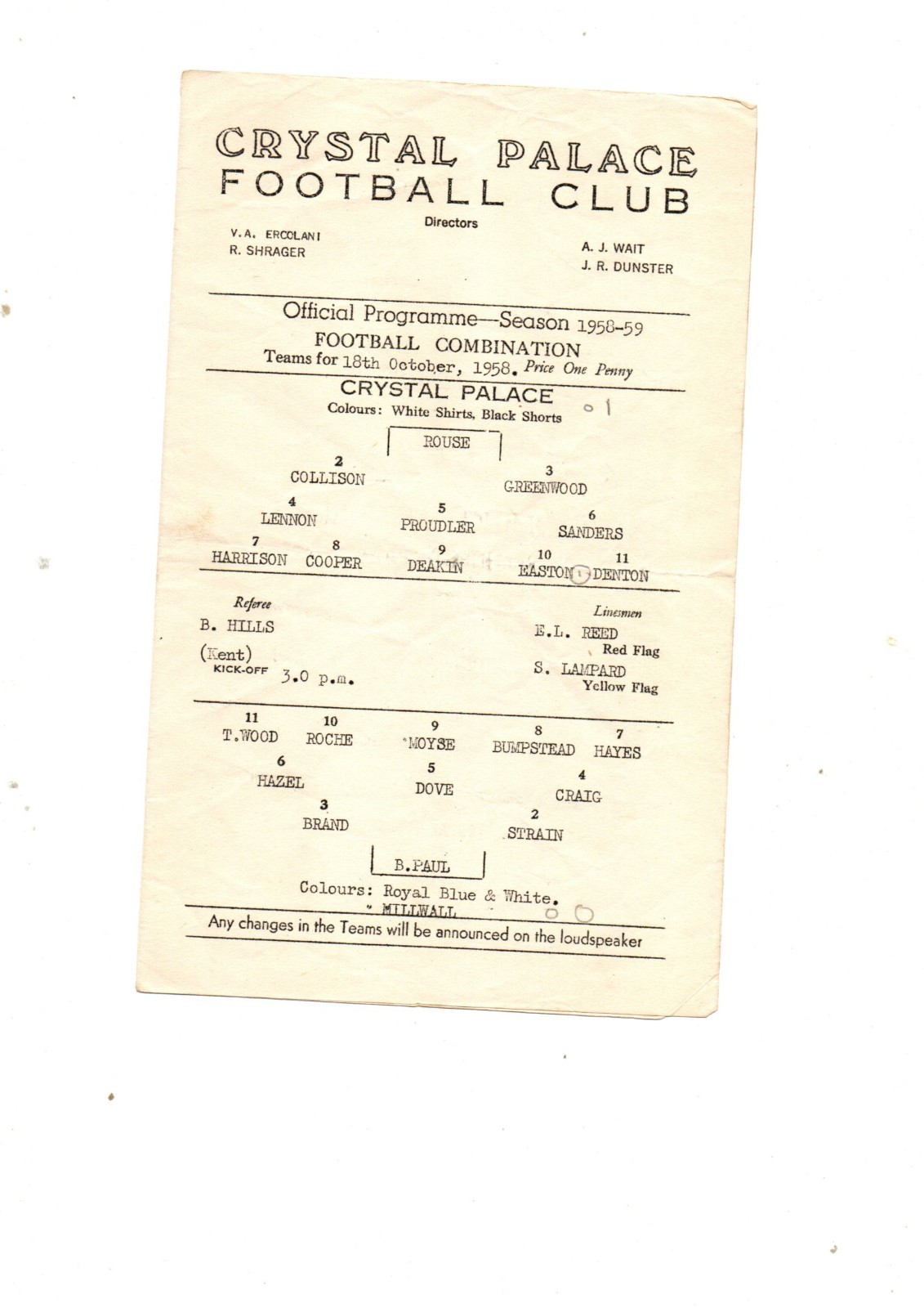 Crystal Palace Res v Millwall Res 1958 - 1959 for sale on Ebay
