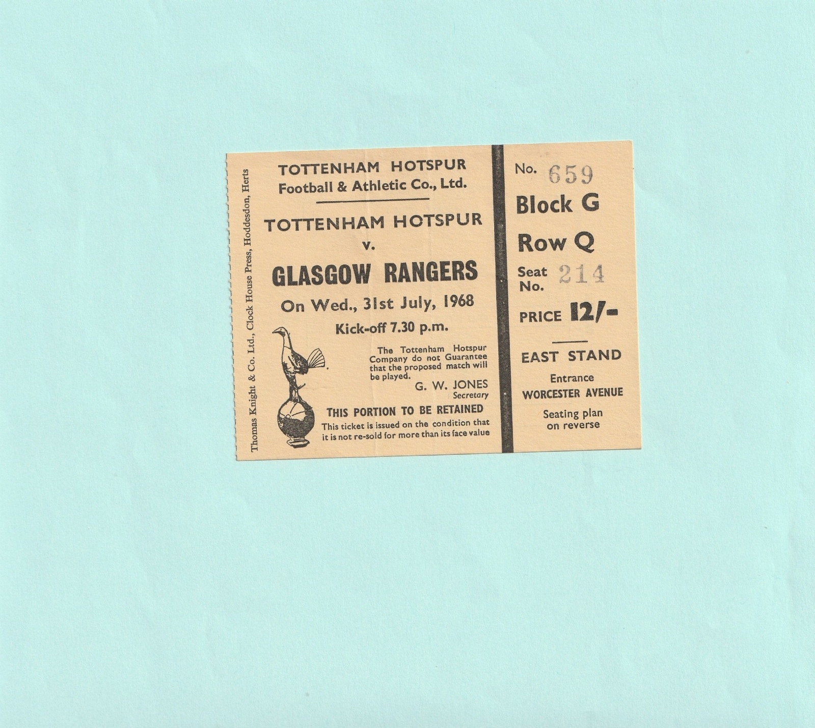 1968-1969 FRIENDLY : TOTTENHAM / SPURS v GLASGOW RANGERS TICKET 31ST JULY 1968 for sale on Ebay