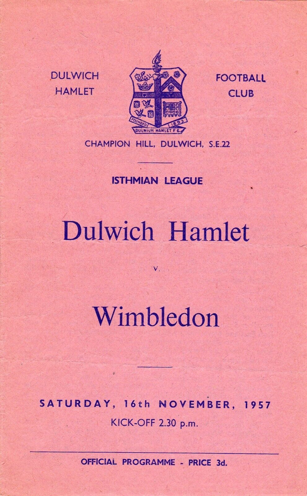 Dulwich Hamlet v Wimbledon  November 16th 1957 for sale on Ebay