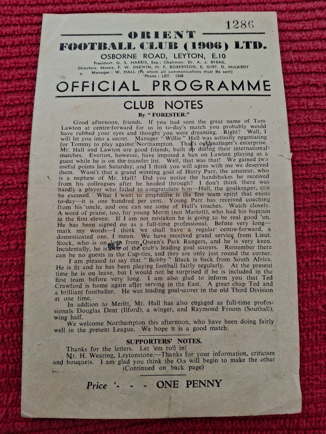 Clapton Orient v Northampton Town programme.  3/11/1945 for sale on Ebay