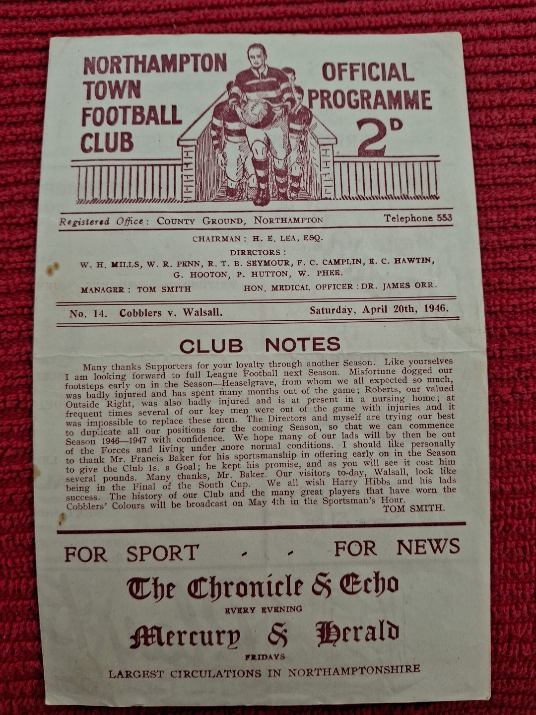 Northampton Town v Walsall programme.  20/4/1946 for sale on Ebay