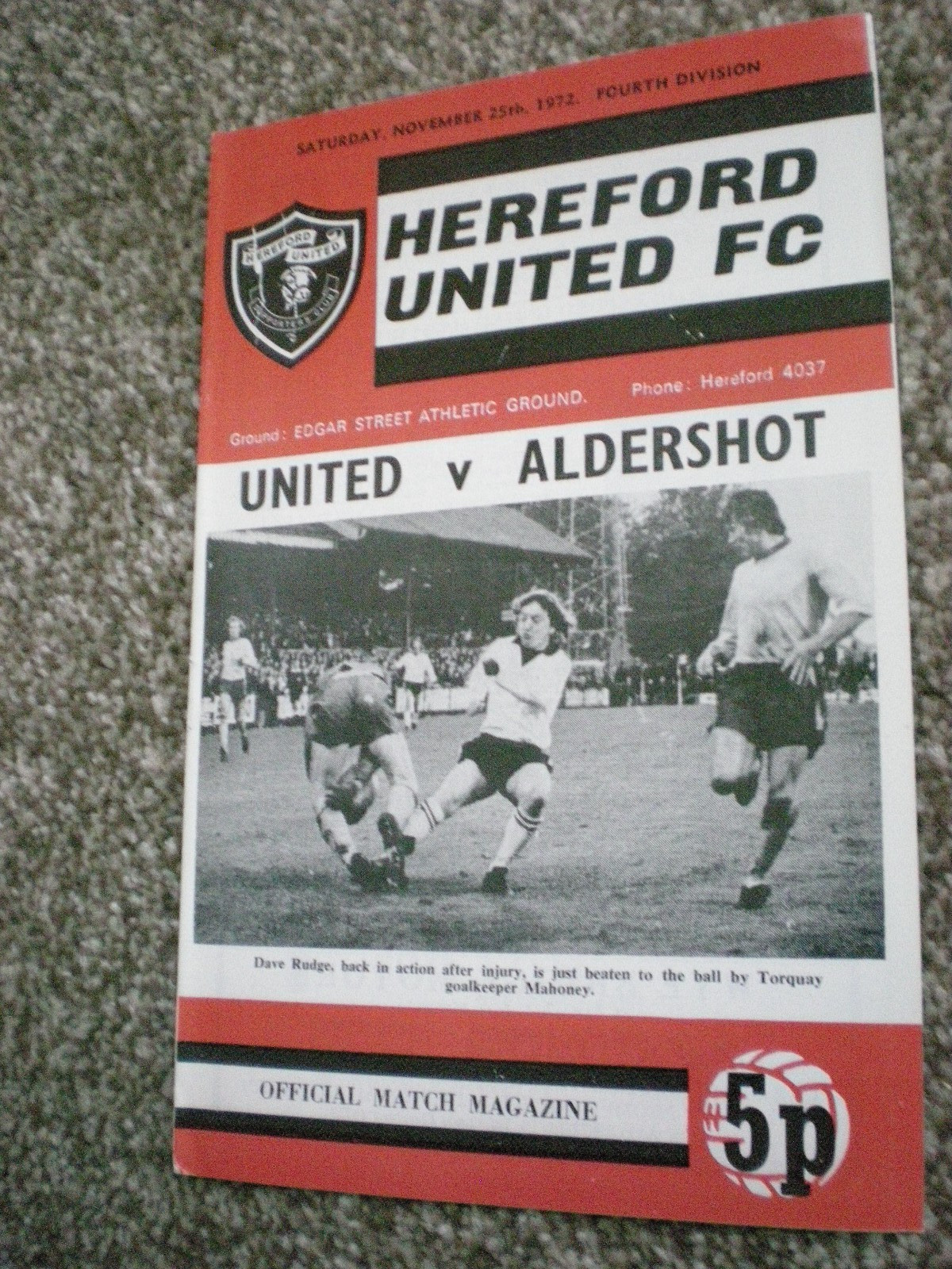 HEREFORD UNITED v ALDERSHOT, 25th NOVEMBER 1972, NO WRITING, STAPLES REMOVED,VGC for sale on Ebay