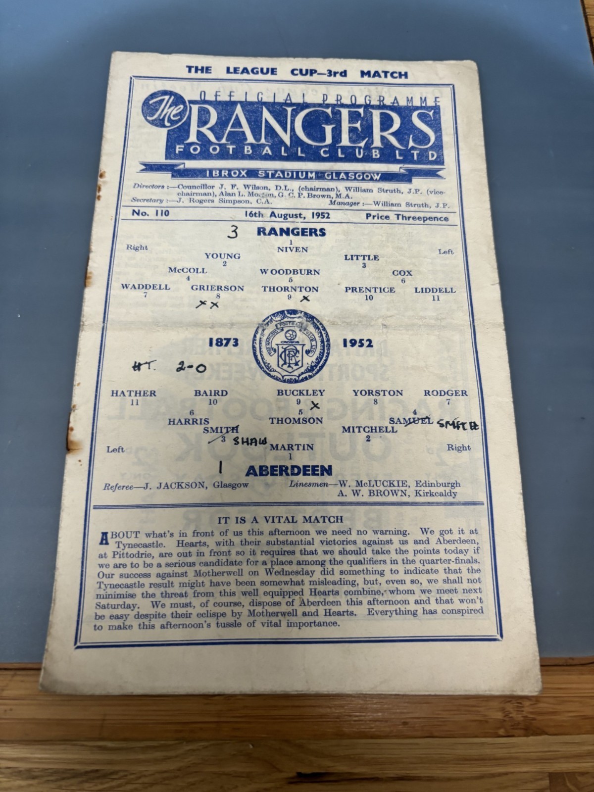 RANGERS v ABERDEEN Aug 1952 LEAGUE CUP No. 110 for sale on Ebay