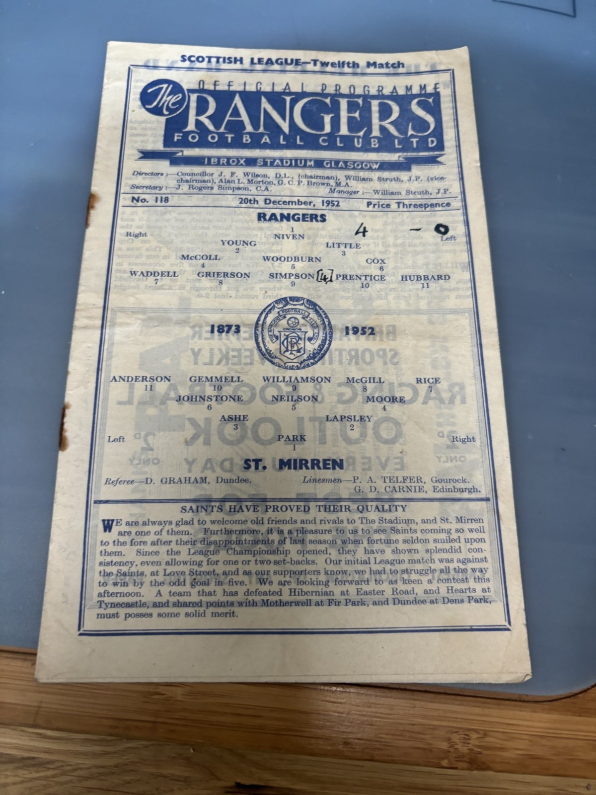 RANGERS v ST MIRREN Dec 1952 No. 118 for sale on Ebay