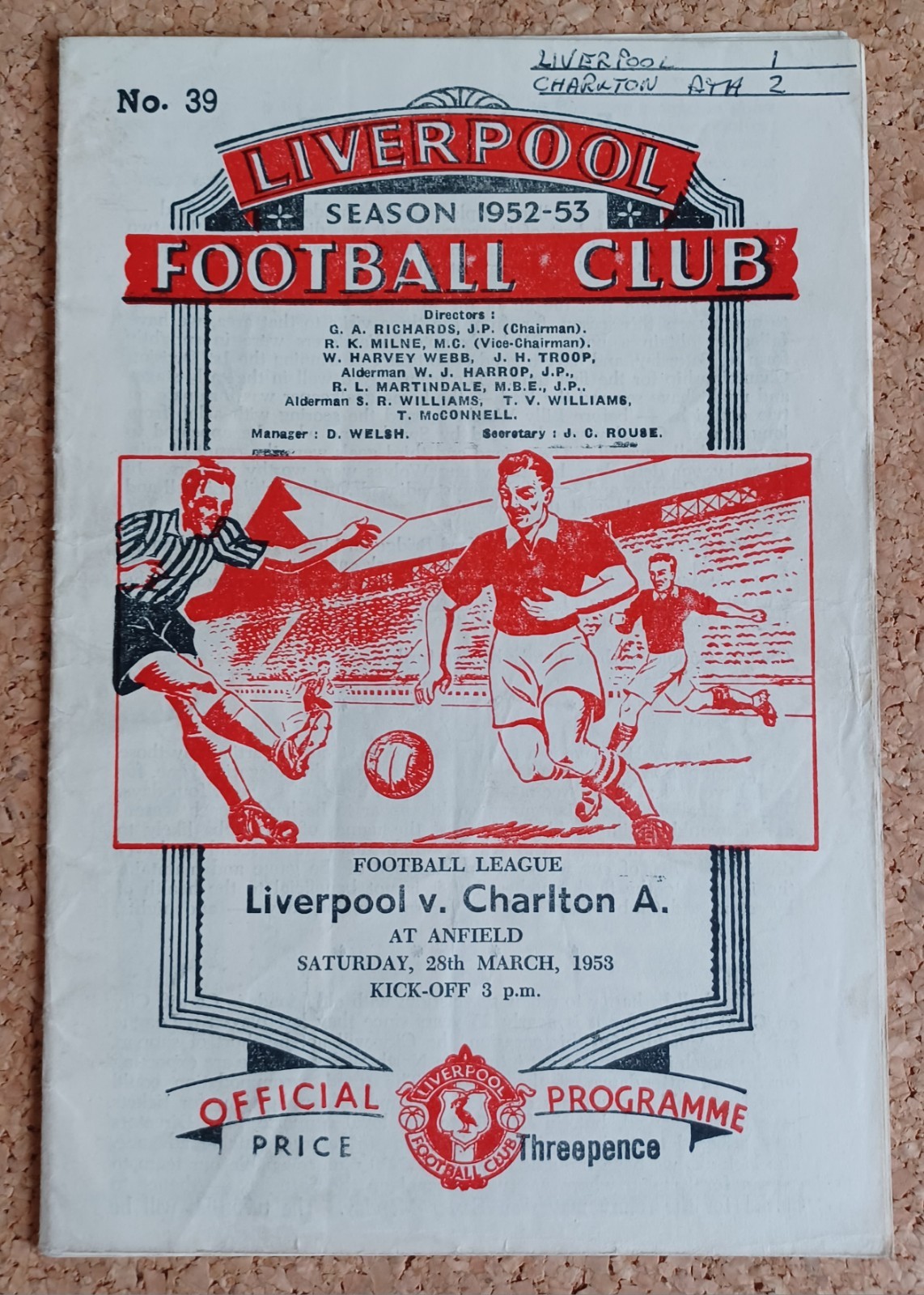 1952/53  LIVERPOOL v CHARLTON ATHLETIC  DIVISION 1  28/03/1953 for sale on Ebay