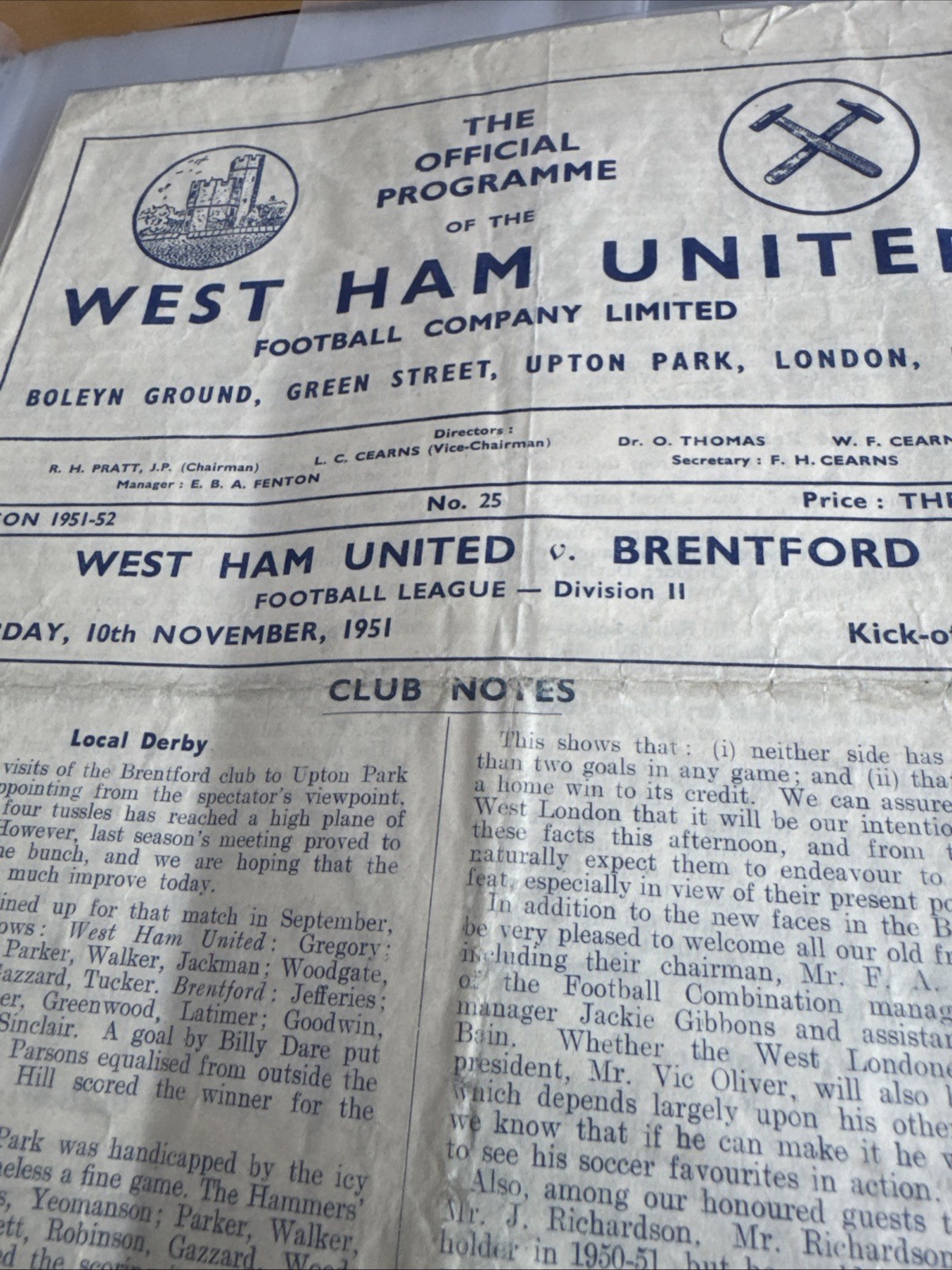 West Ham V Brentford 1951 for sale on Ebay