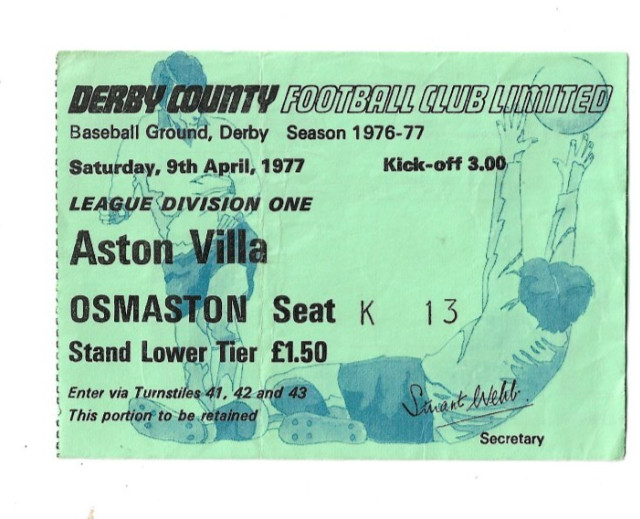 Derby County v Aston Villa 1976/77 TICKET for sale on Ebay