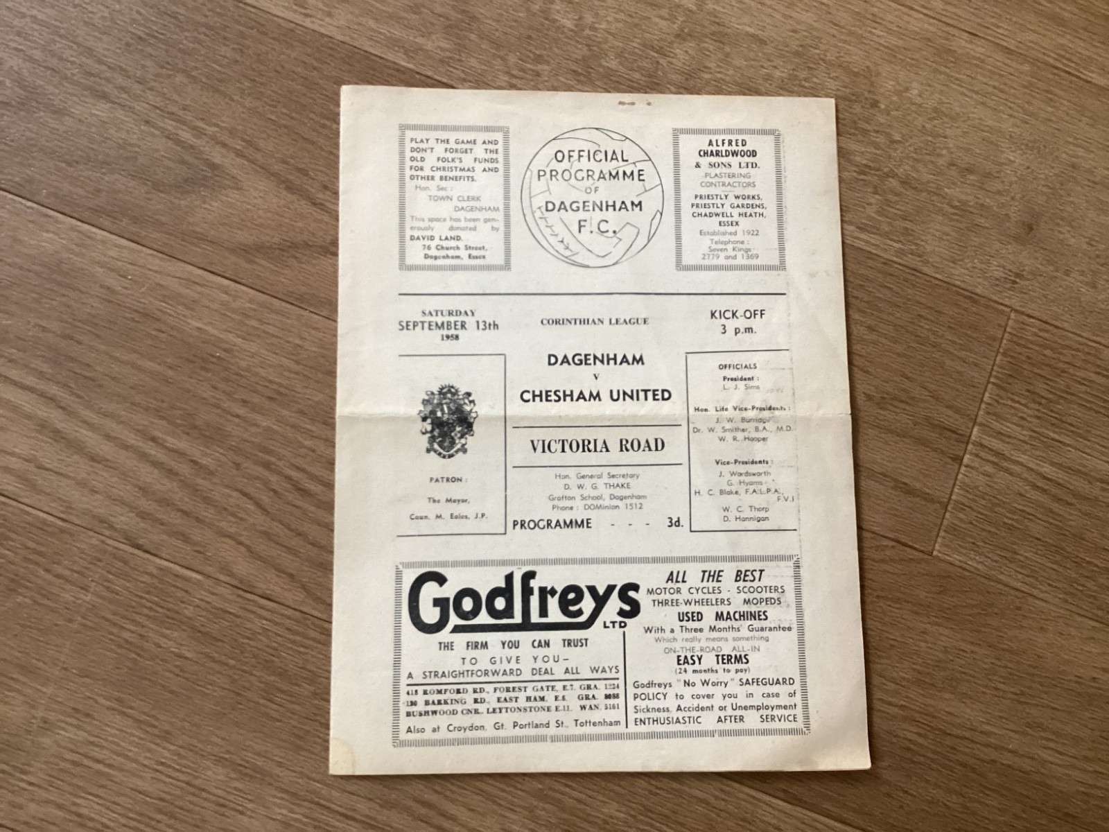 Dagenham v Chesham United Corinthian League 13th September 1958 Folded. for sale on Ebay