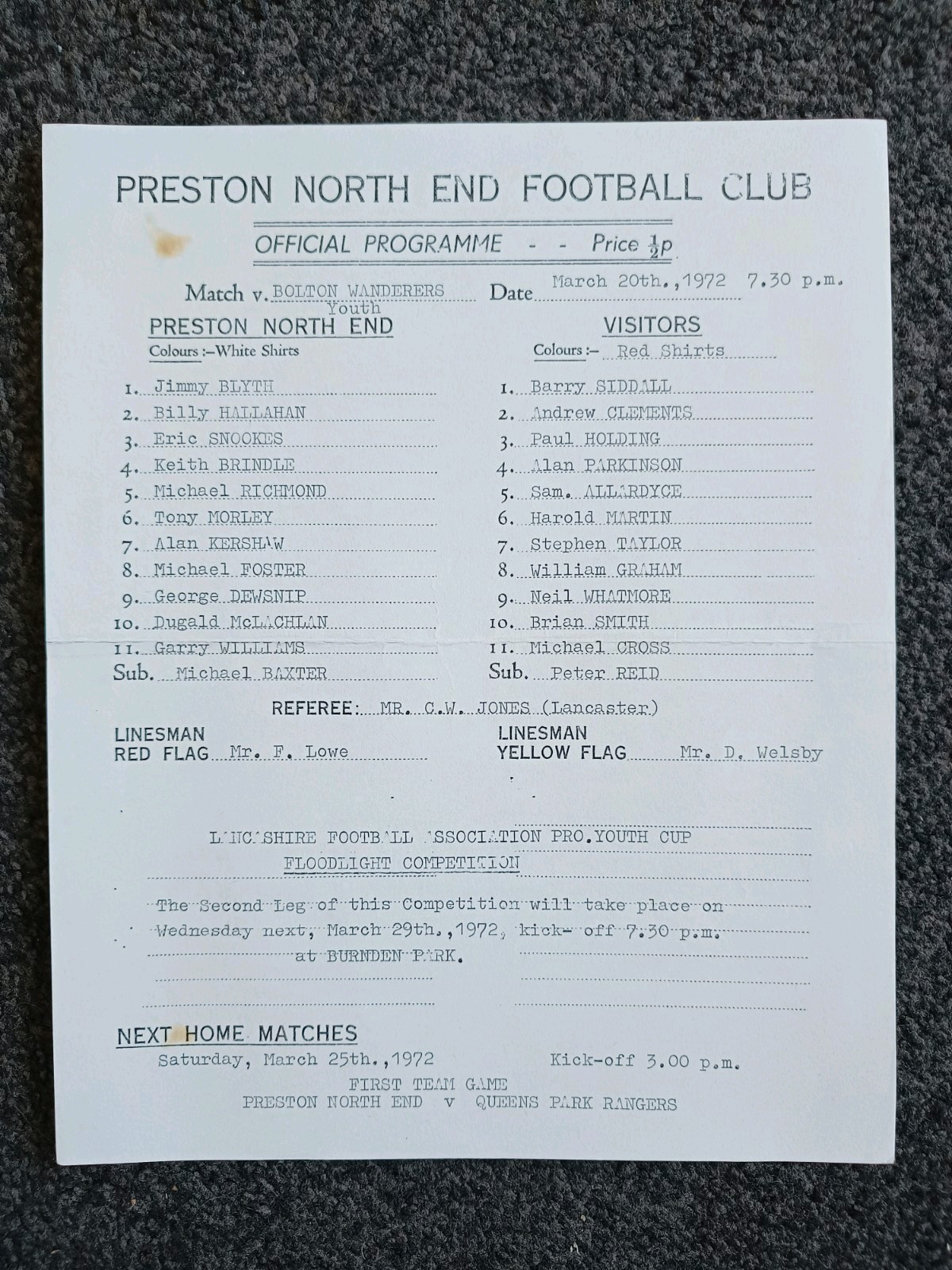 Preston North End v Bolton Wandrs. Lancashire Youth Cup 20 March 1972. Deepdale. for sale on Ebay