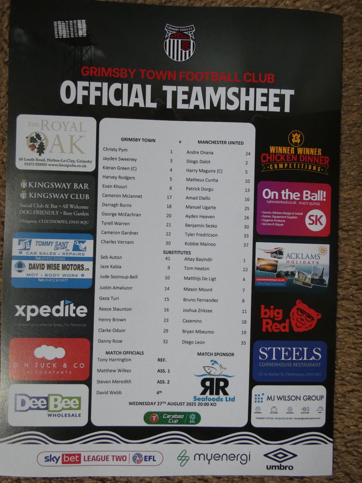 Grimsby Town v Manchester United - EFL Carabao Cup 2nd Round - 27 August 2025 for sale on Ebay
