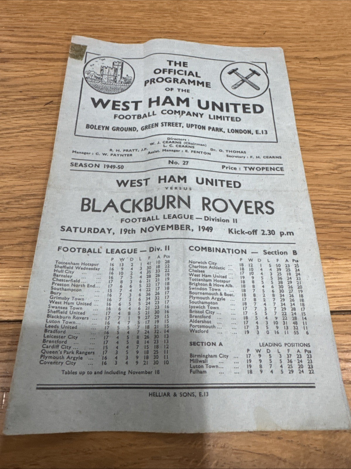 West Ham V Blackburn 1949-50 for sale on Ebay